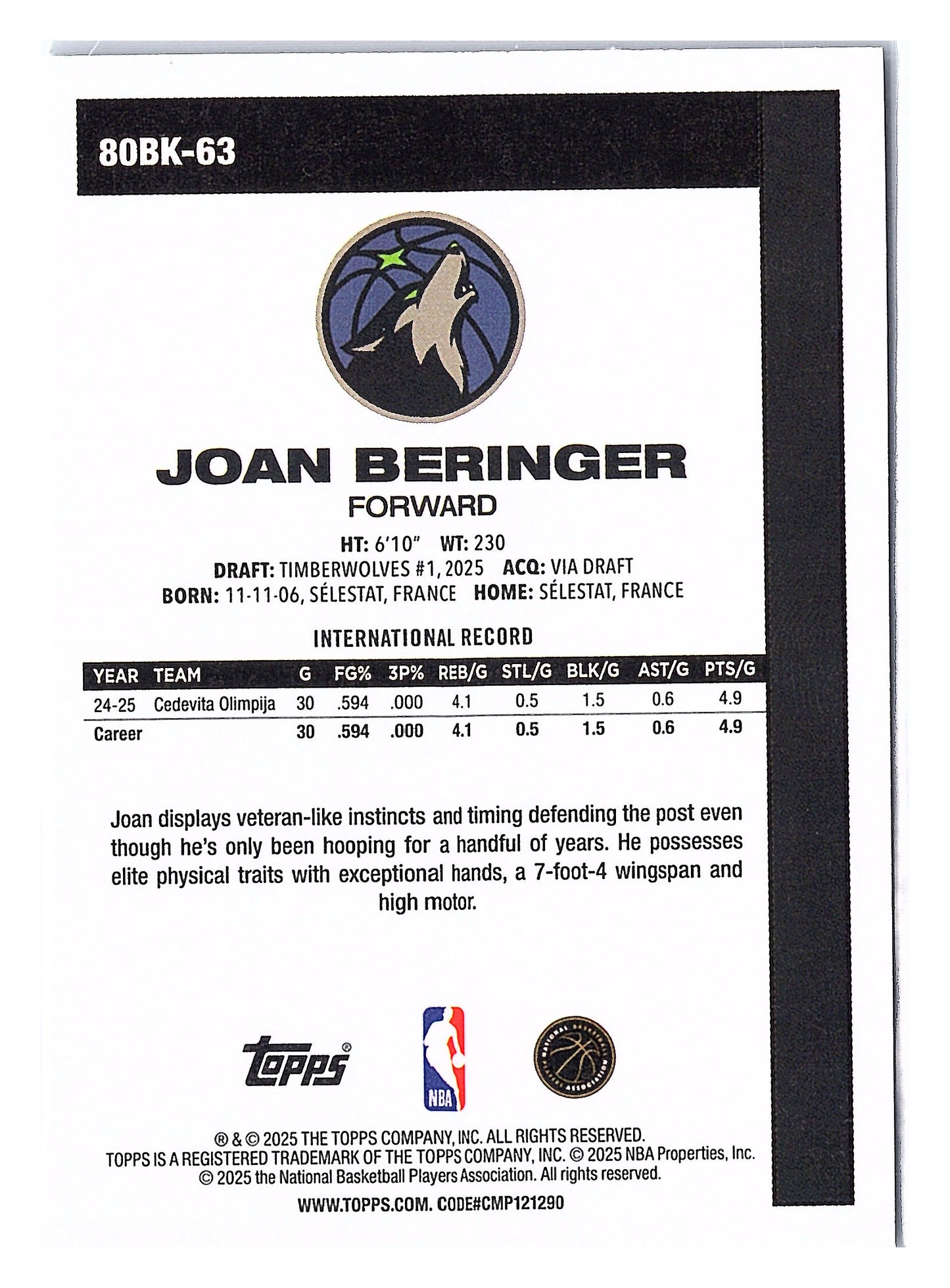 2025-26 Topps #80BK-63 Joan Beringer 1980-81 Topps Basketball