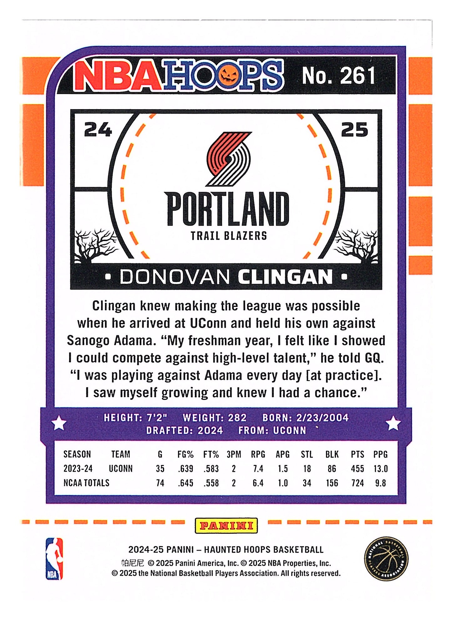 2024-25 Hoops Haunted Hoops #261 Donovan Clingan Orange
