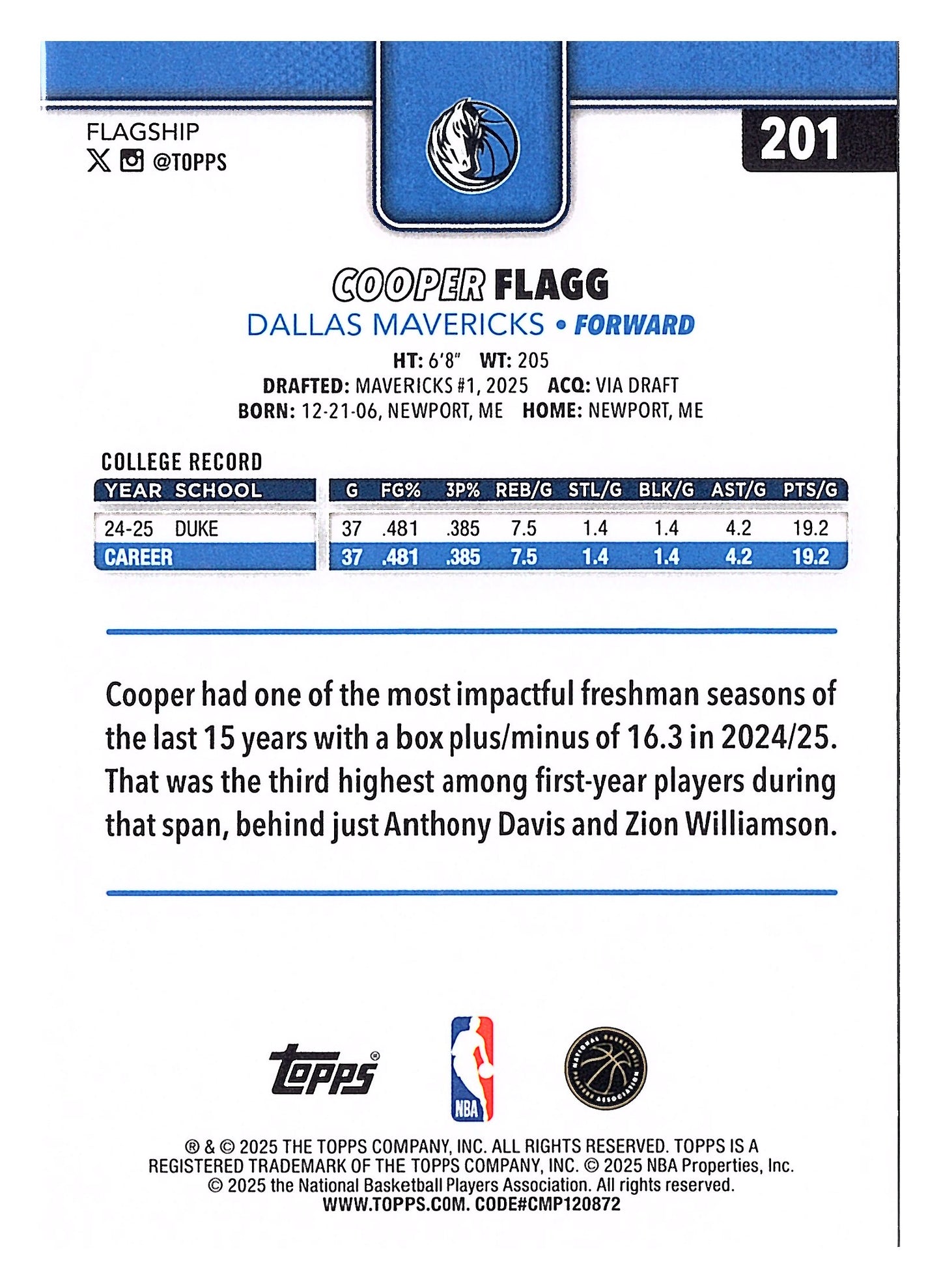 2025-26 Topps #201 Cooper Flagg