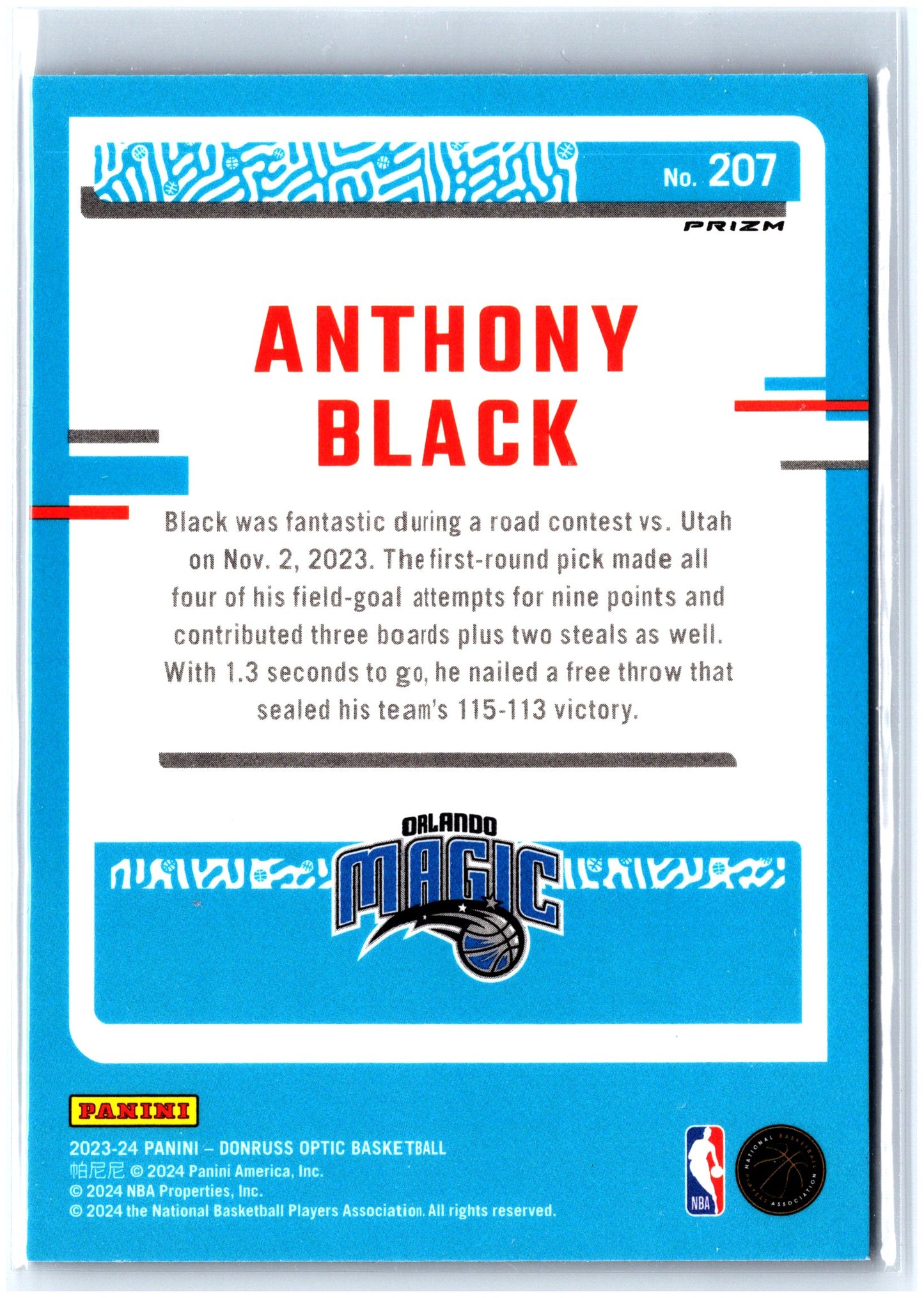 2023-24 Donruss Optic #207 Anthony Black Purple