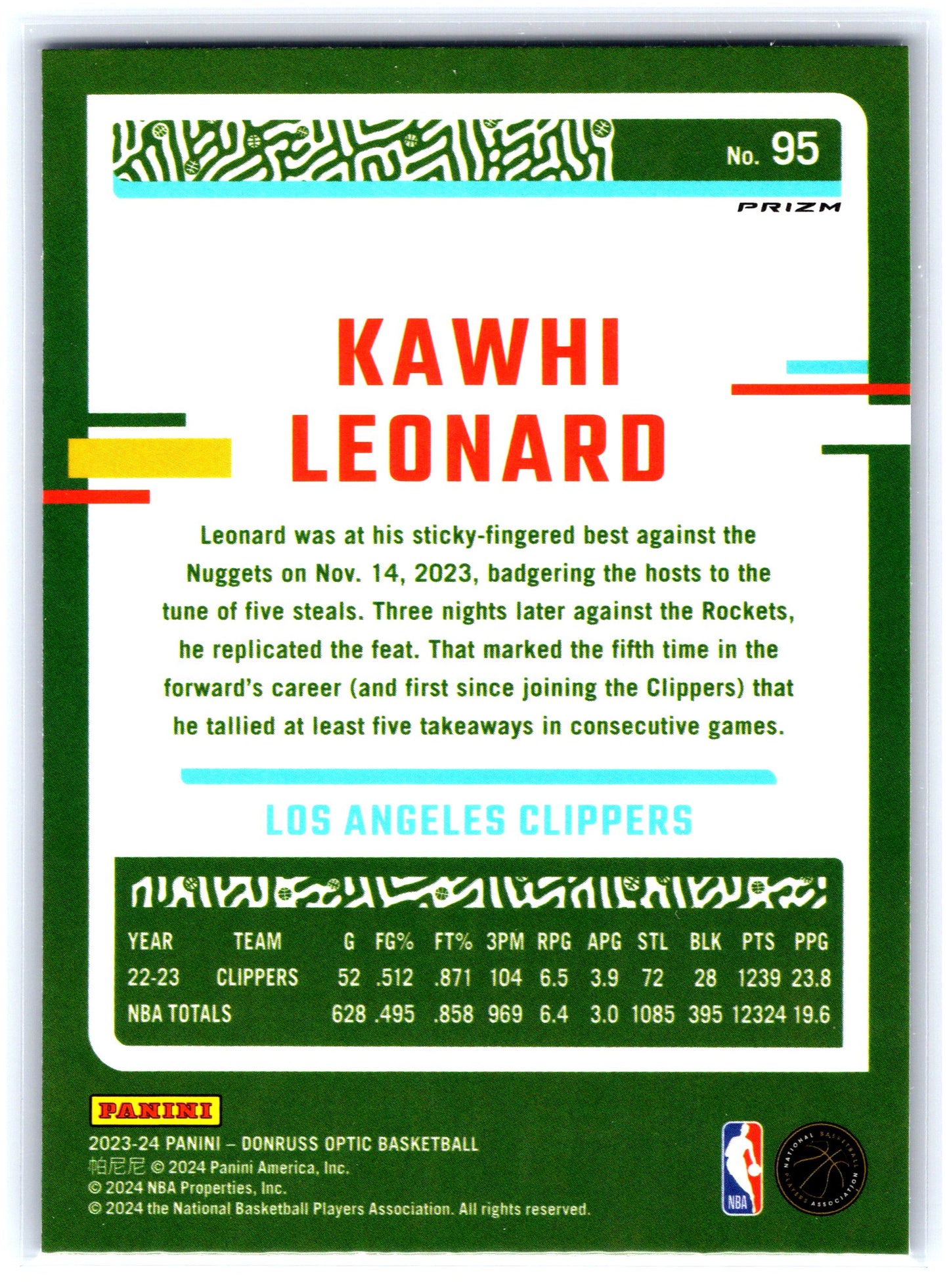 2023-24 Donruss Optic #95 Kawhi Leonard Purple