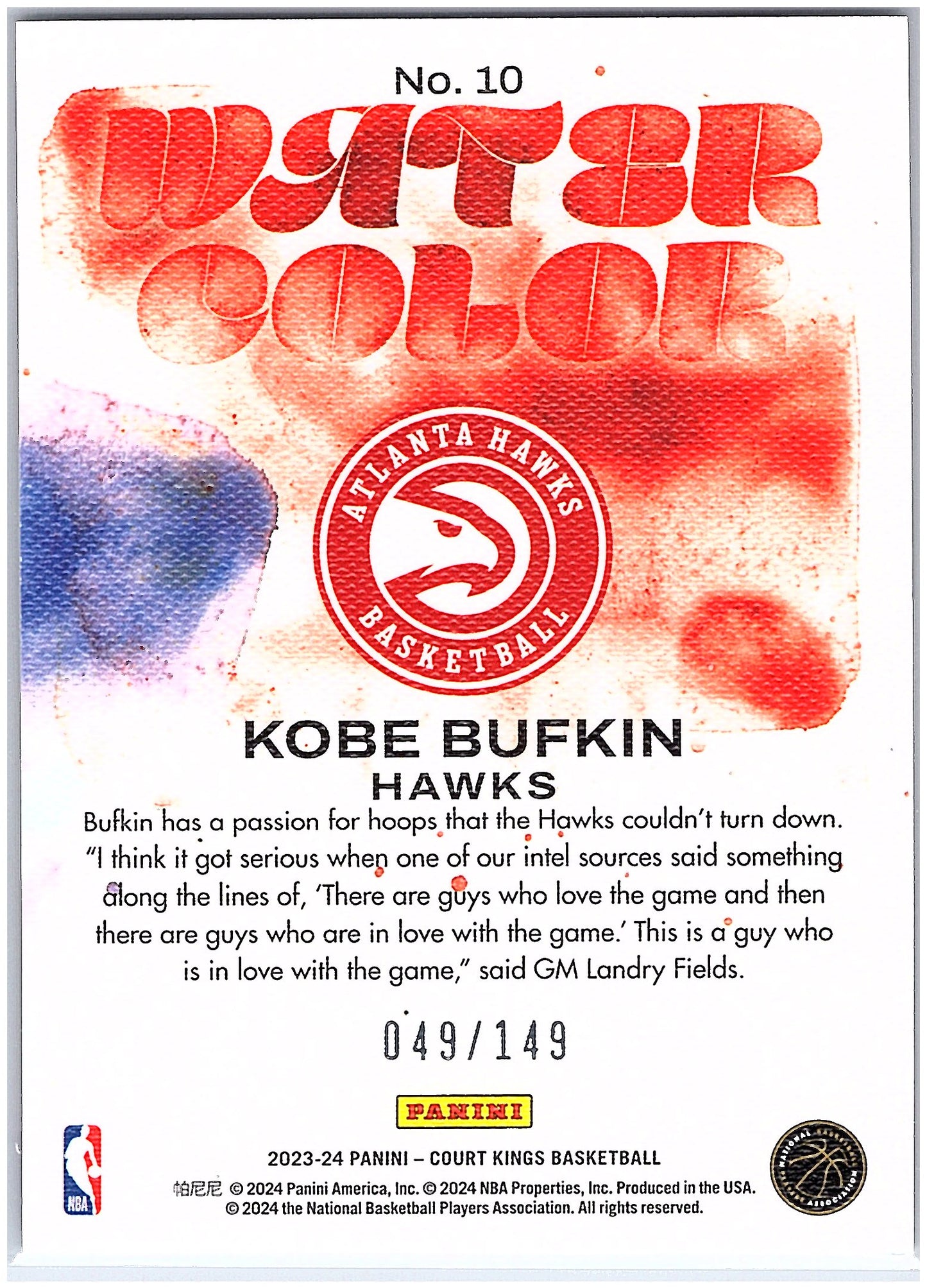 2023-24 Panini Court Kings #10 Kobe Bufkin Water Color Ruby #/149