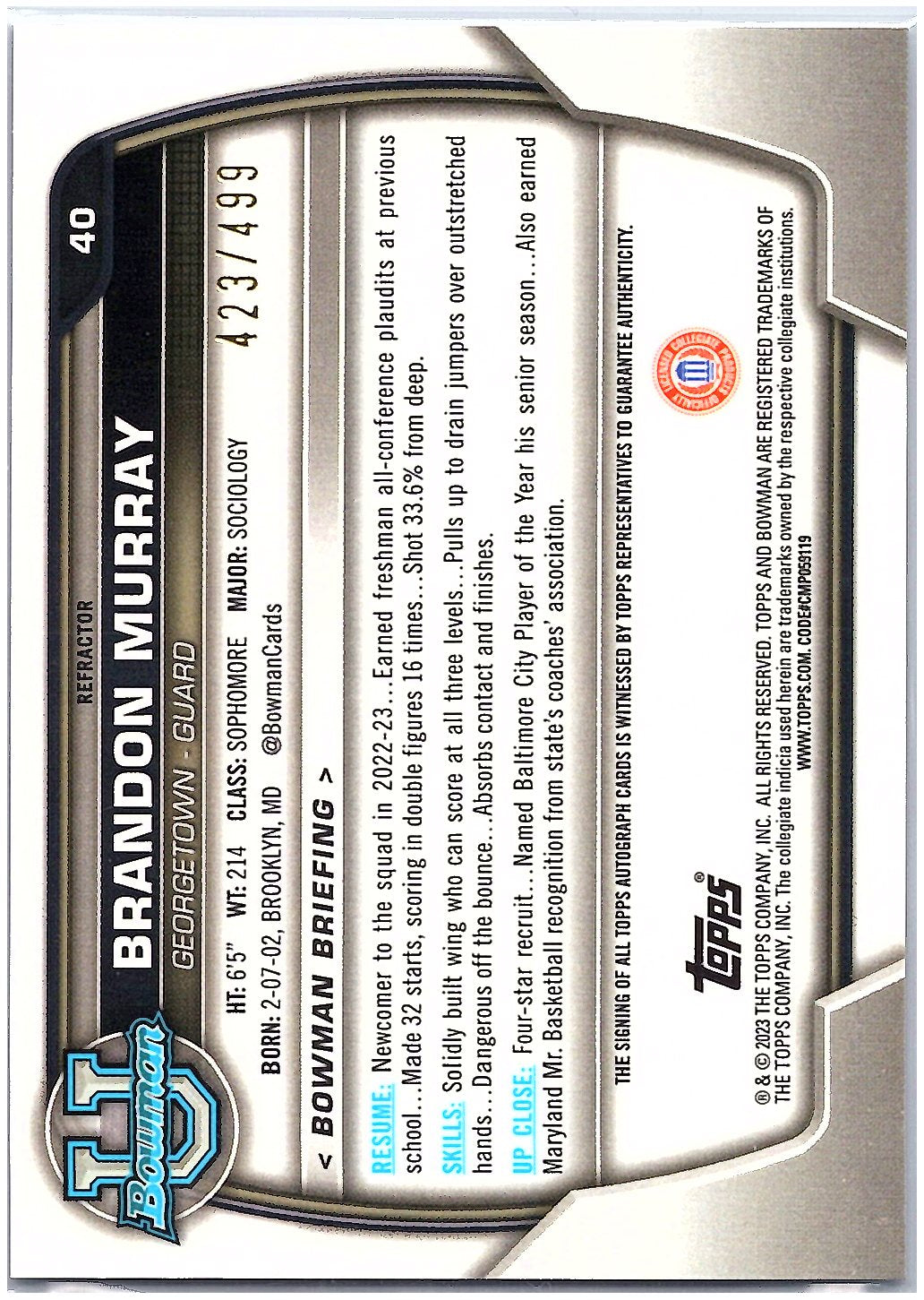 2022-23 Bowman #40 Brandon Murray Chrome Prospect Autographs Refractor