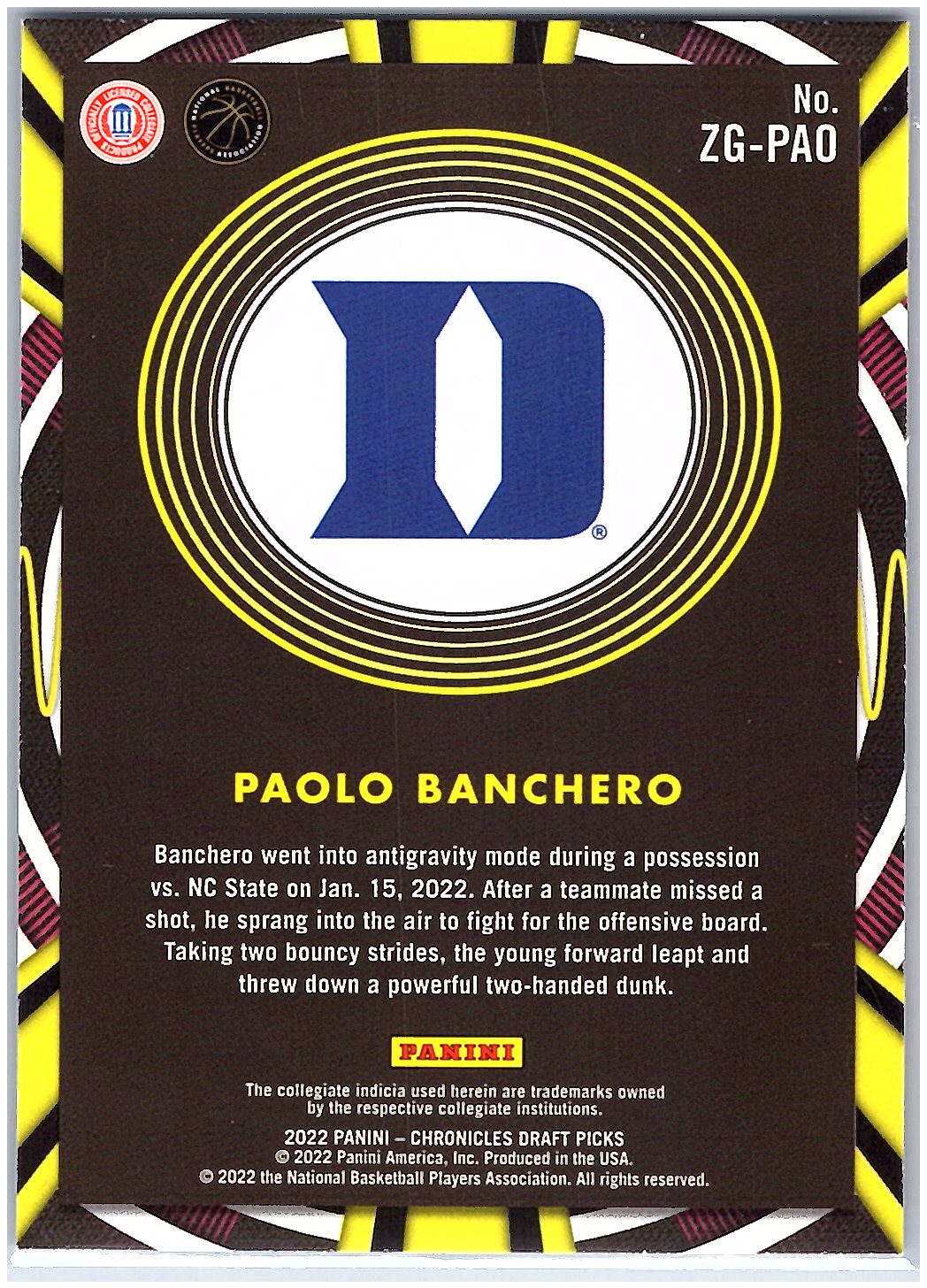 2022 Panini Chronicles Active Picks #ZG-PAO Paolo Banchero Gamma Rays