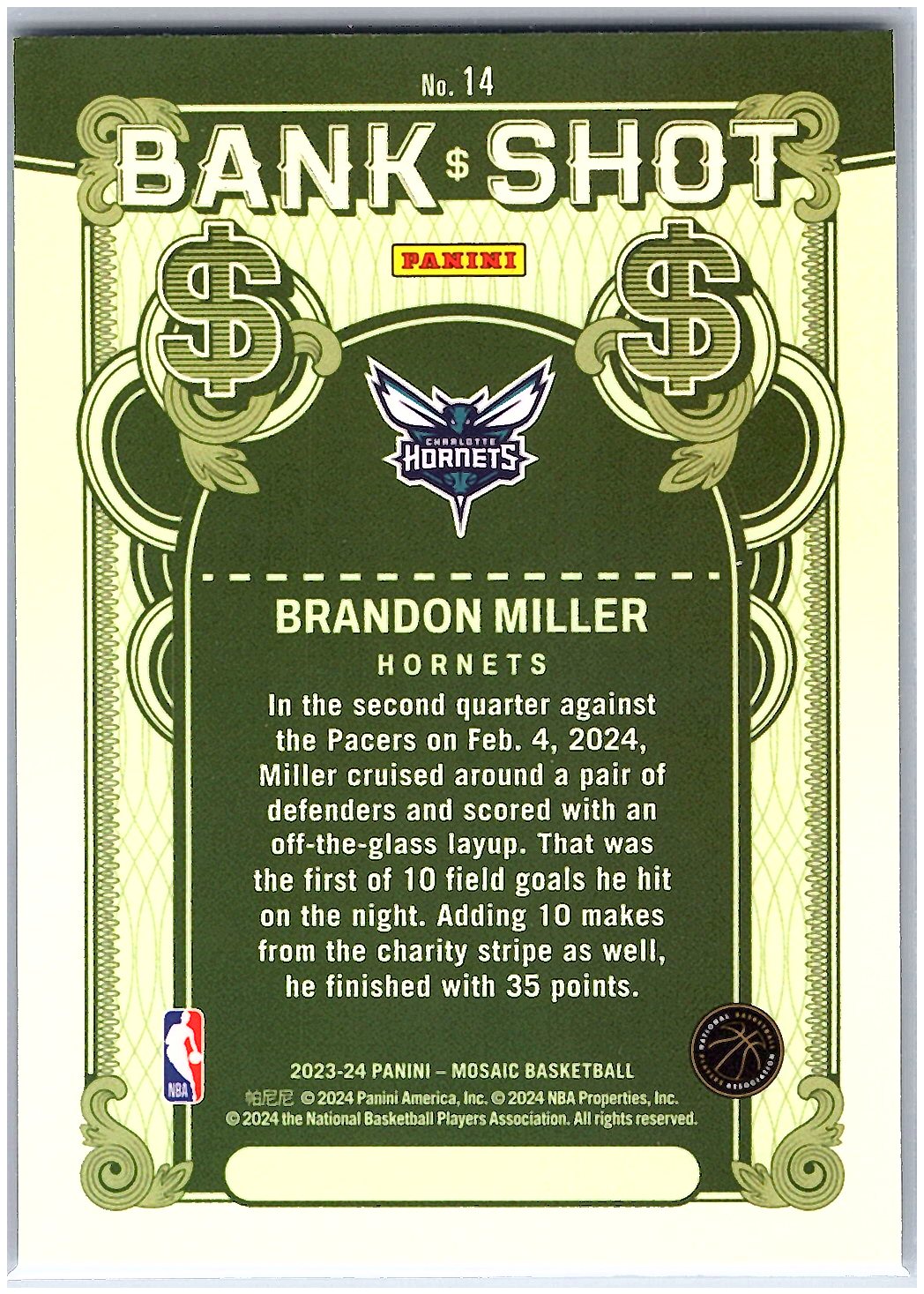 2023-24 Panini Mosaic #14 Brandon Miller Bank Shot