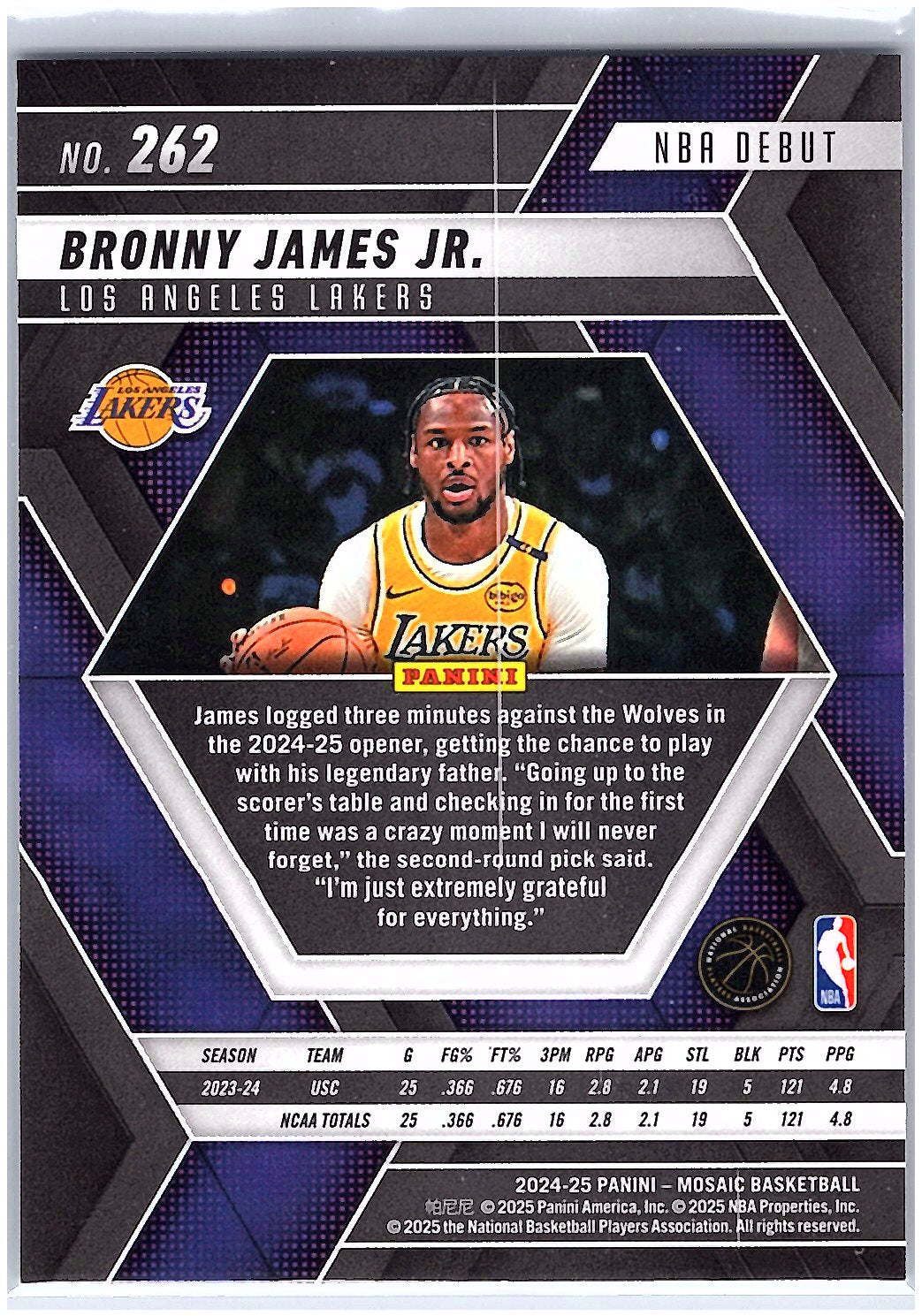 2024-25 Panini Mosaic #262 Bronny James Jr.