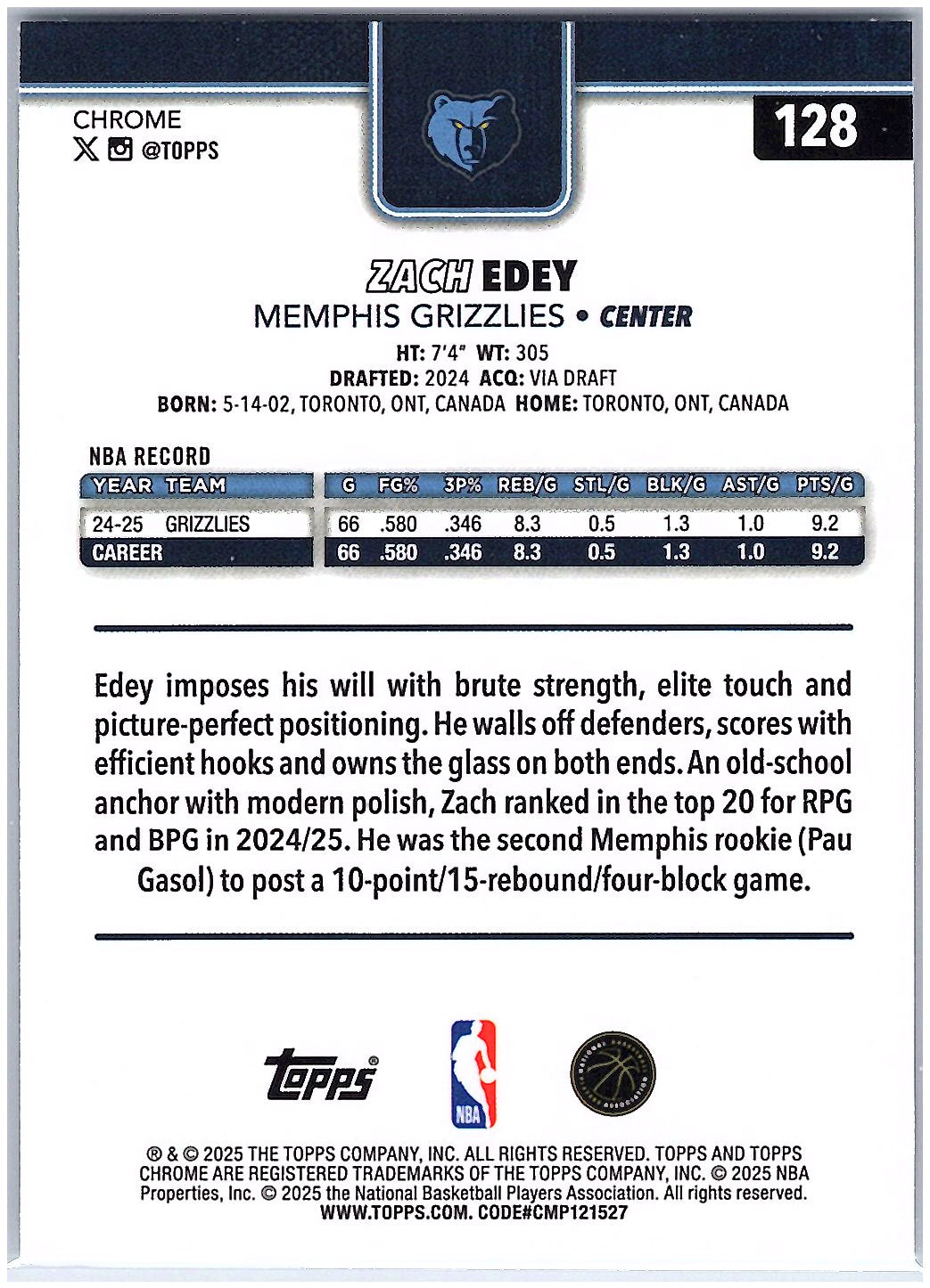 2025-26 Topps Chrome #128 Zach Edey