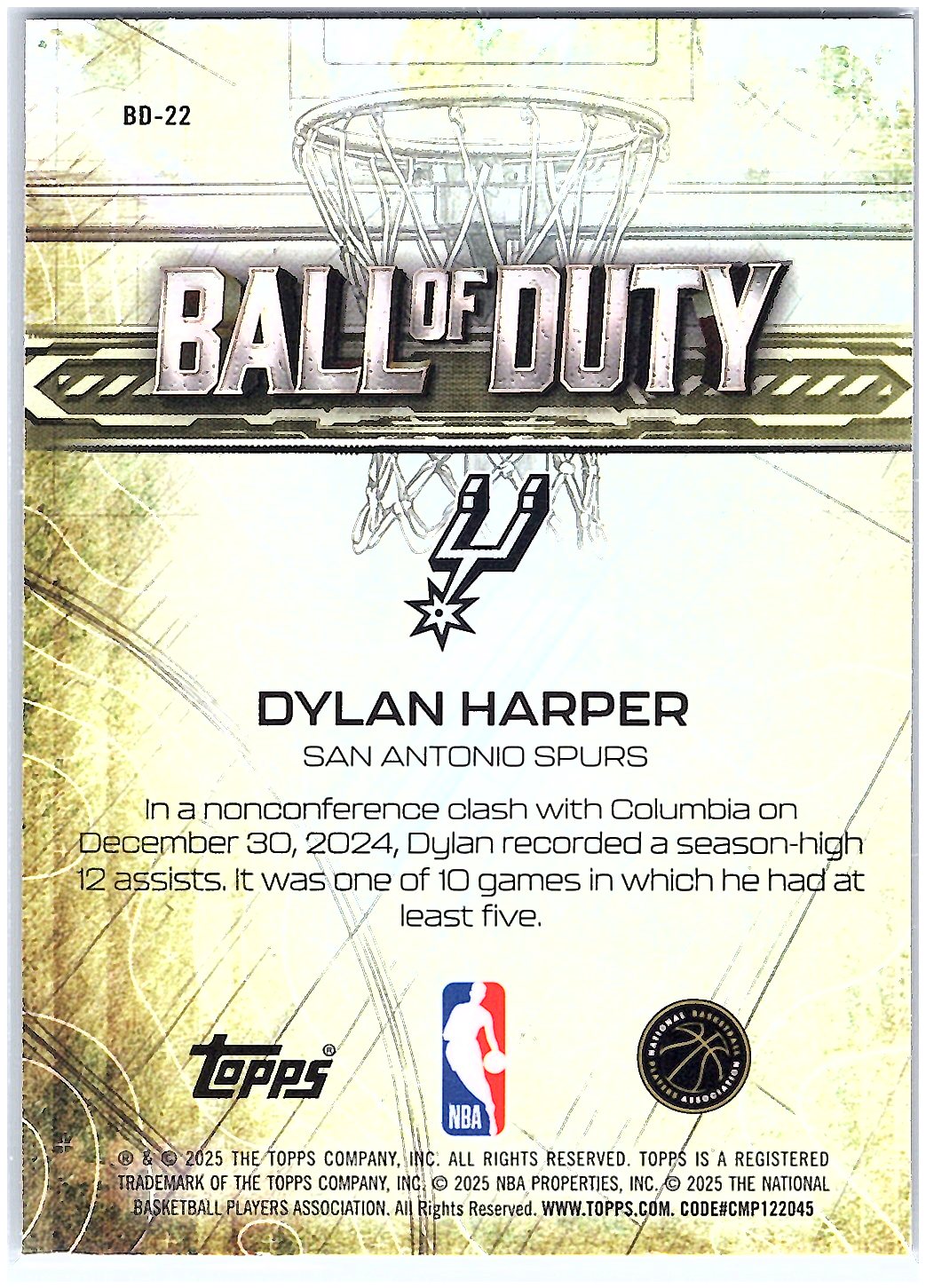 2025-26 Topps Chrome #BD-22 Dylan Harper Ball of Duty