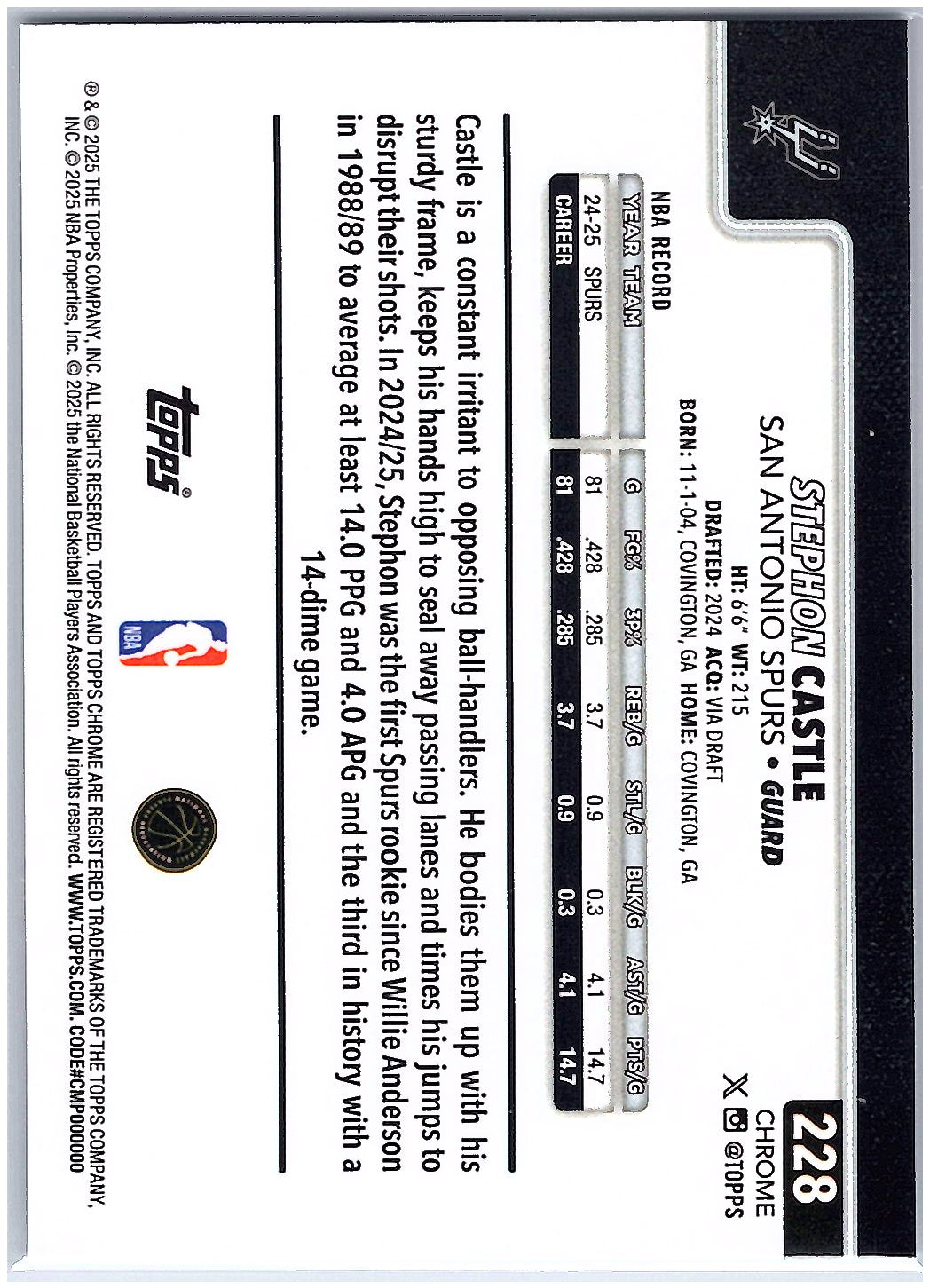 2025-26 Topps Chrome #228 Stephon Castle