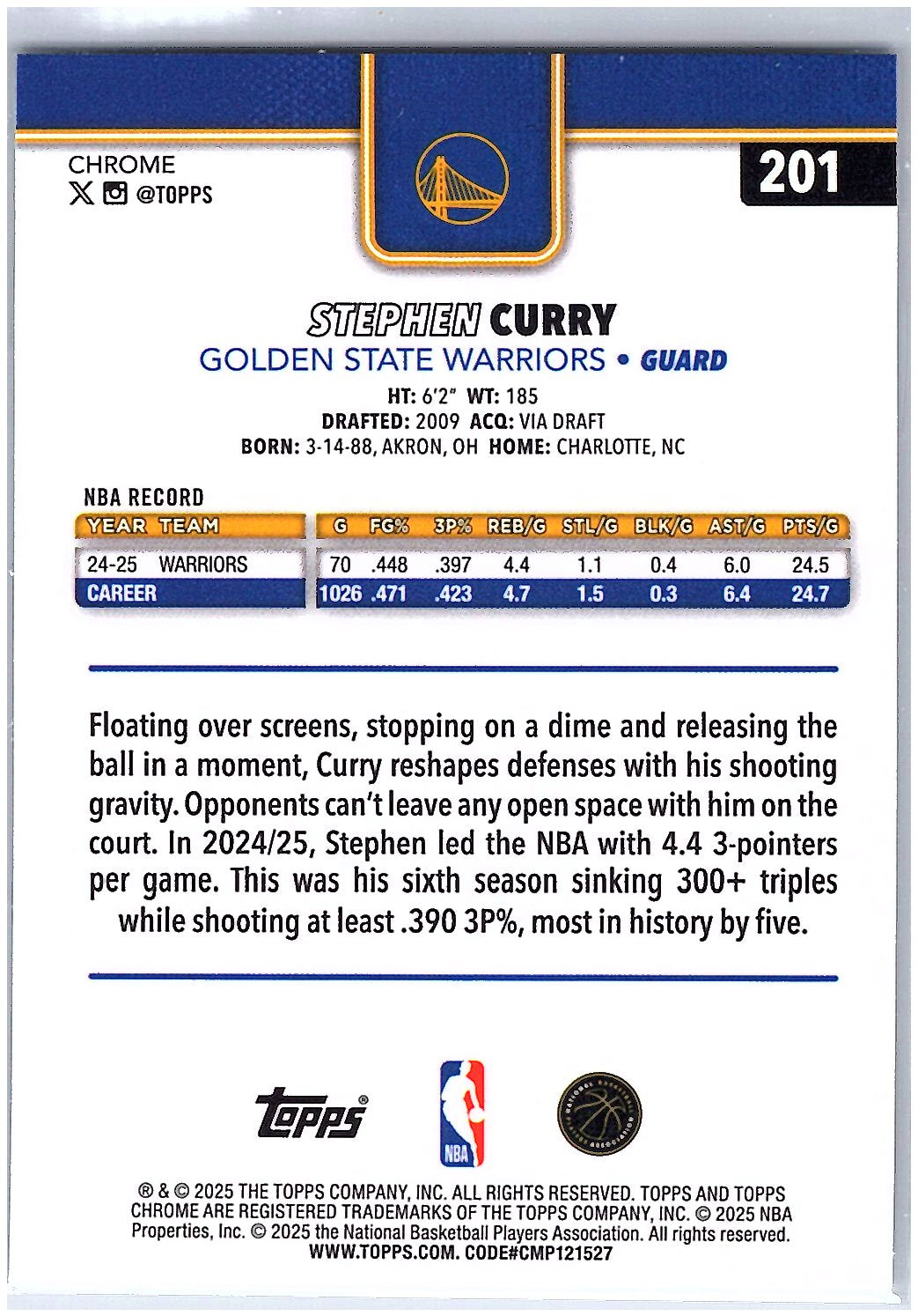 2025-26 Topps Chrome #201 Stephen Curry X-Fractor