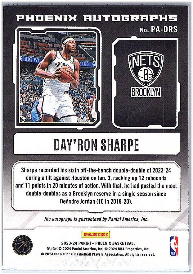 2023-24 Panini Phoenix #PA-DRS Day'Ron Sharpe Phoenix Autographs