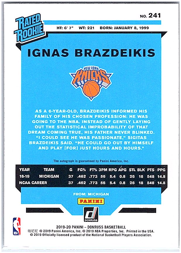 2019-20 Donruss #241 Ignas Brazdeikis Rated Rookies Signatures