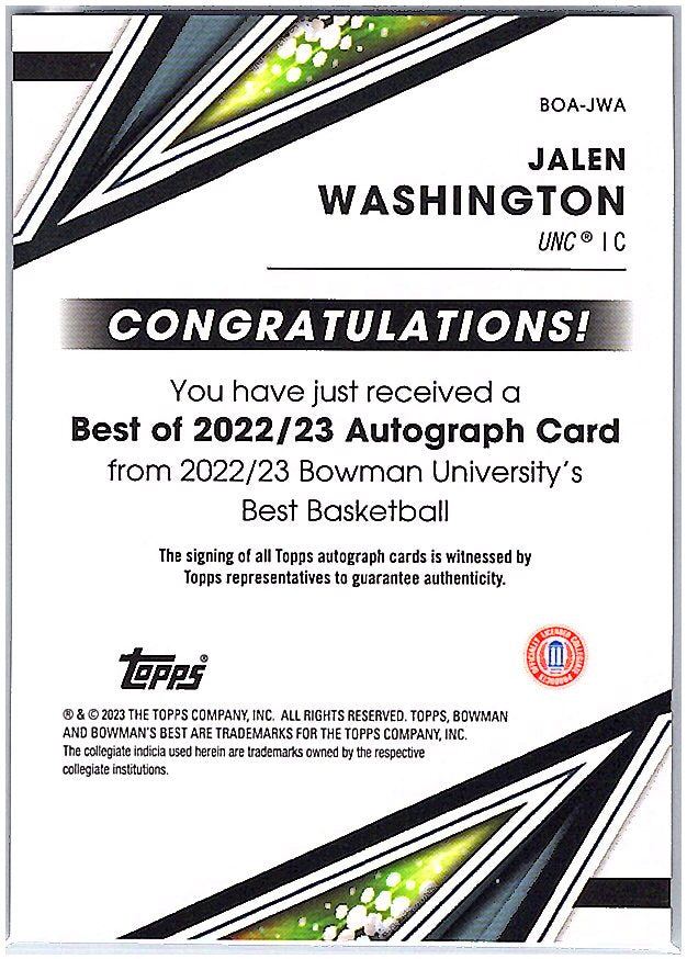 2022-23 Bowman #BOA-JWA Jalen Washington Best of 2022 Autographs Refractors