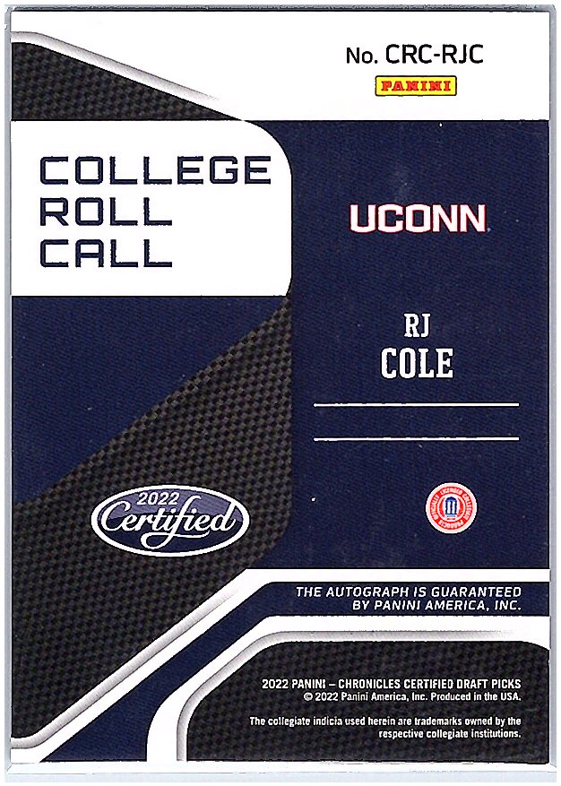 2022 Panini Active Picks #CRC-RJC RJ Cole College Roll Call Autographs Black