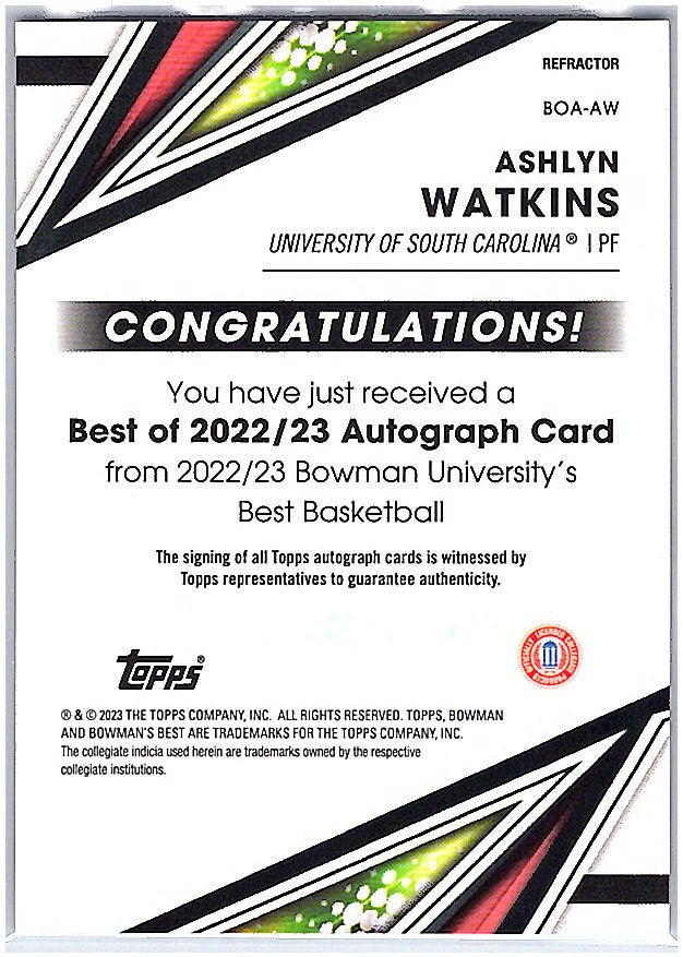 2022-23 Bowman #BOA-AW Ashlyn Watkins Best of 2022 Autographs Refractors