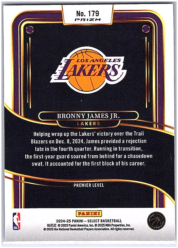 2024-25 Panini Select #179 Bronny James Jr. Blue Prizm