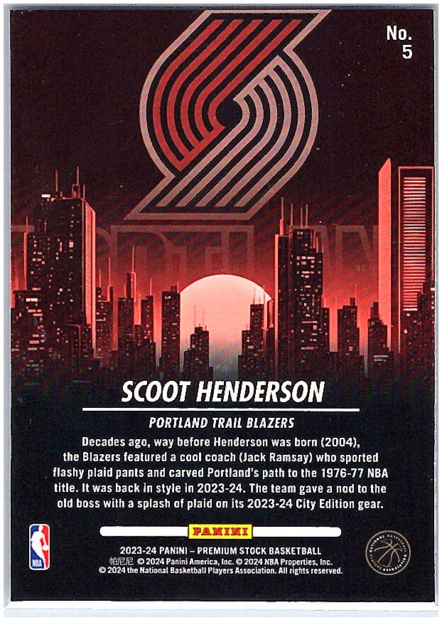2023-24 Hoops Premium Stock #5 Scoot Henderson City Edition