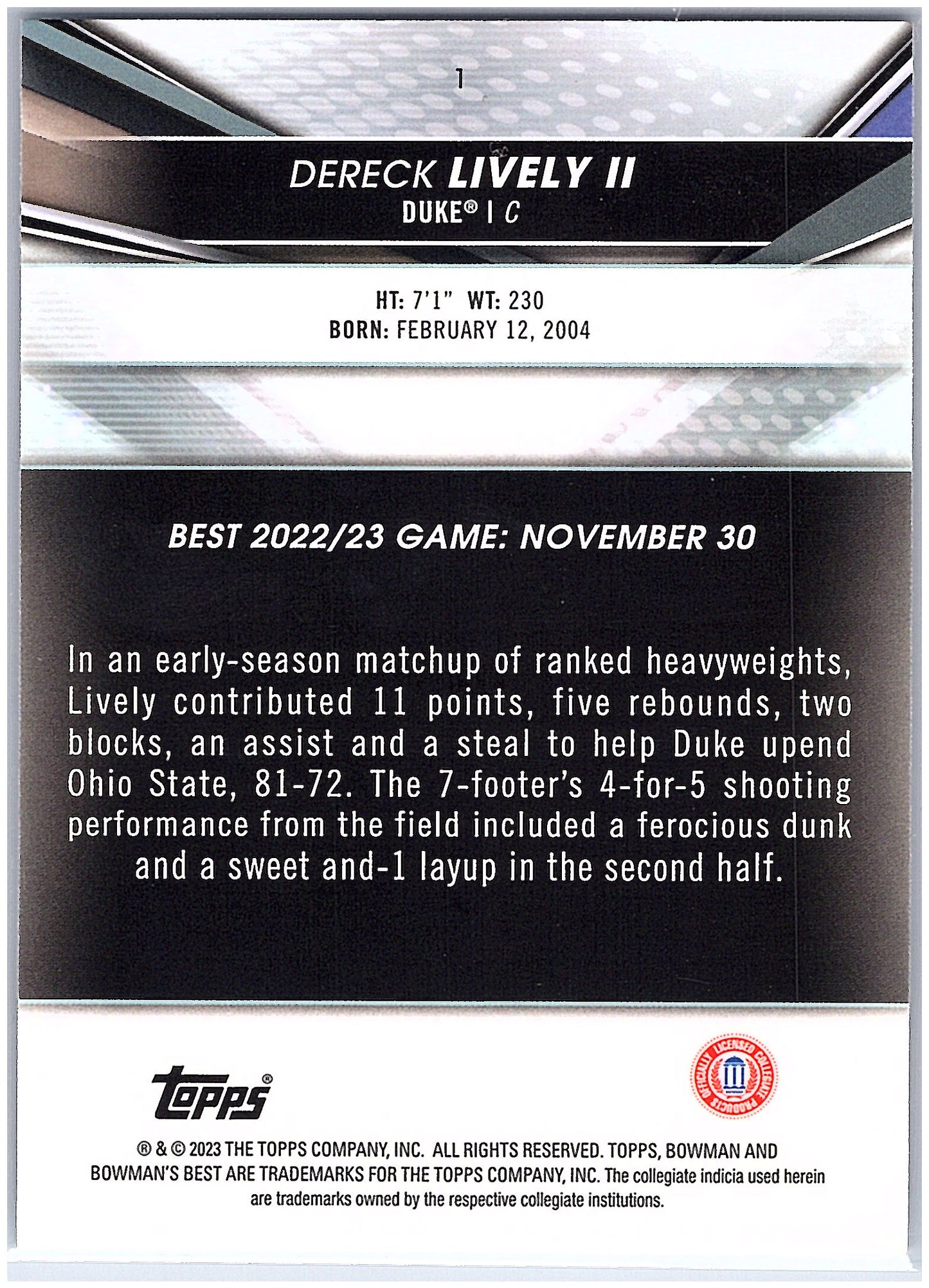 2022-23 Bowman University Best #1 Dereck Lively II