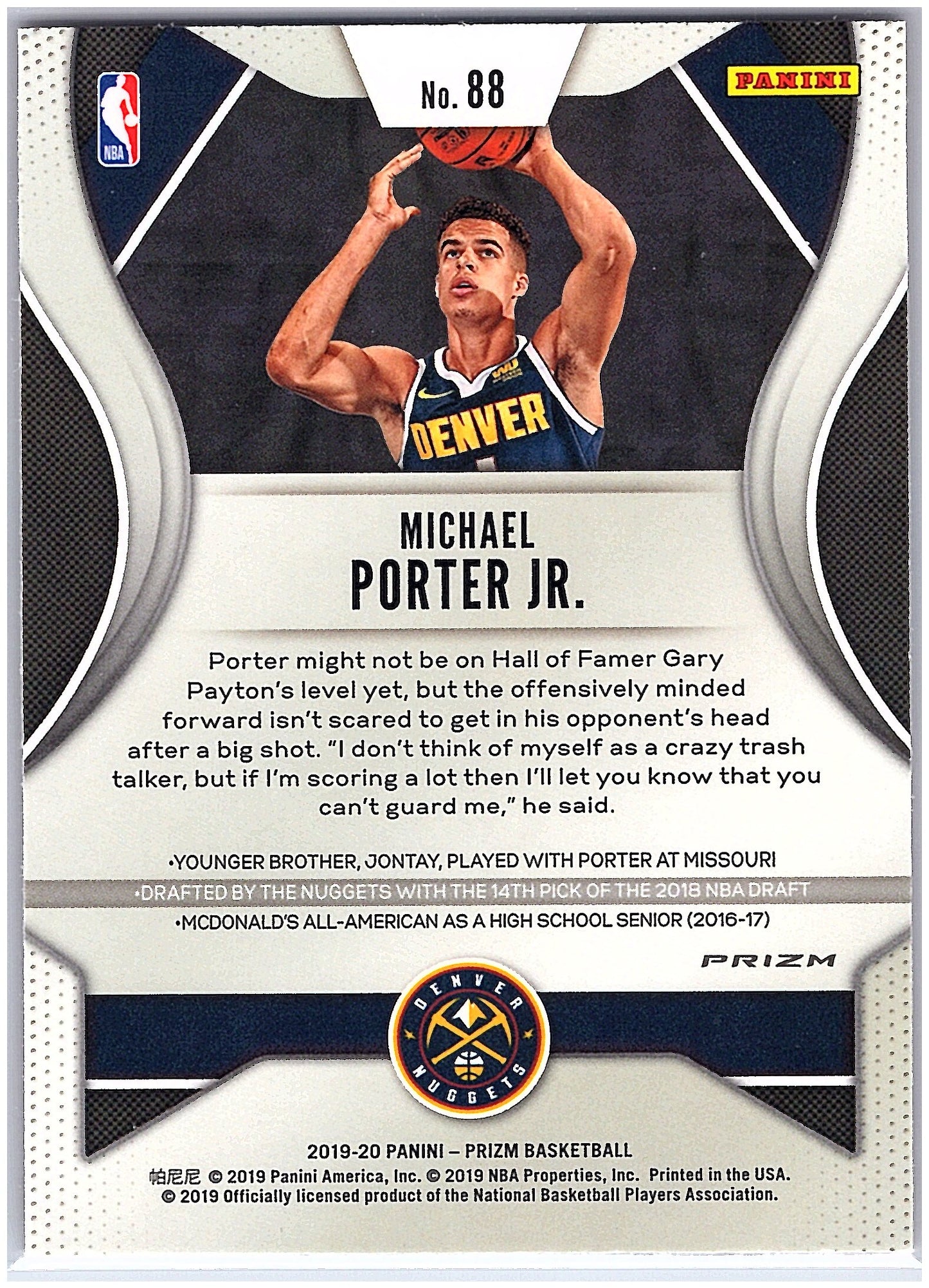 2019-20 Panini Prizm #88 Michael Porter Jr. Prizms Orange Ice