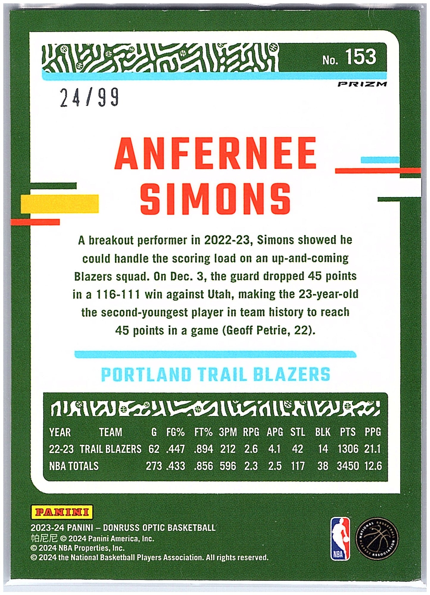 2023-24 Donruss Optic - Fast Break Purple #153 Anfernee Simons #/99