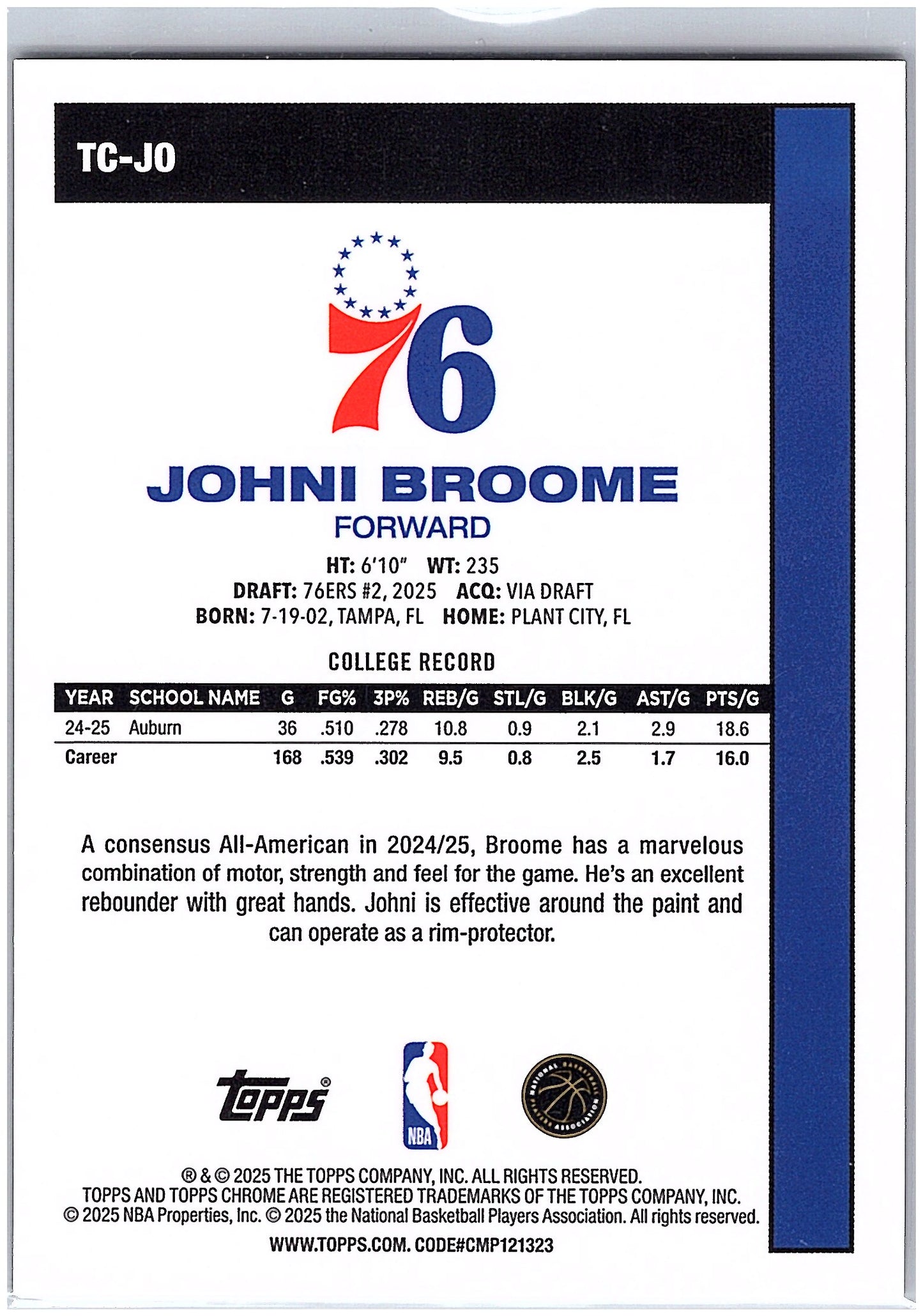 2025-26 Topps #TC-JO Johni Broome 80-81 Topps Chrome Gold Mojo Refractor