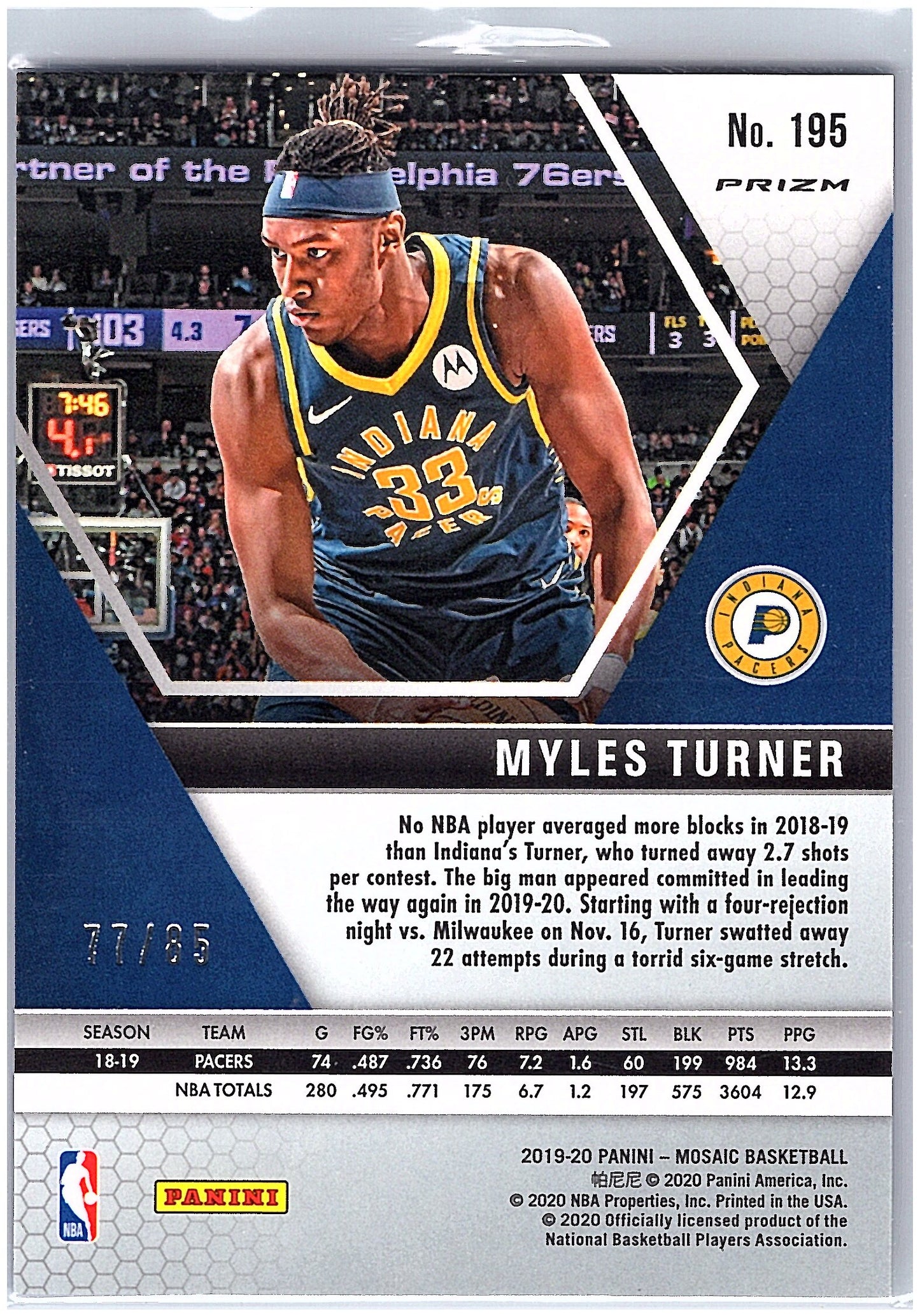 2019-20 Panini Mosaic #195 Myles Turner Fast Break Blue #/85