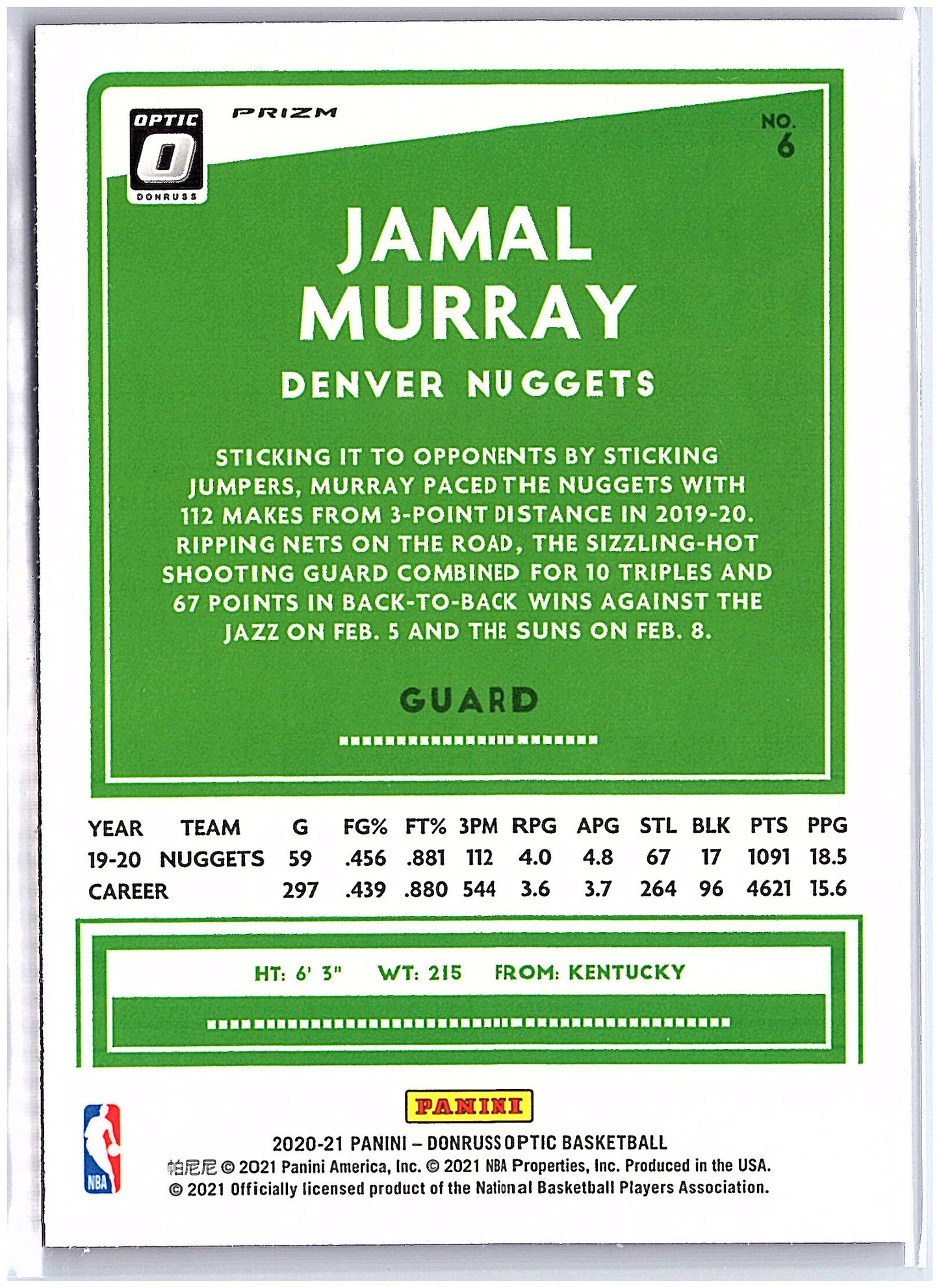 2020-21 Donruss Optic #6 Jamal Murray Hyper Pink