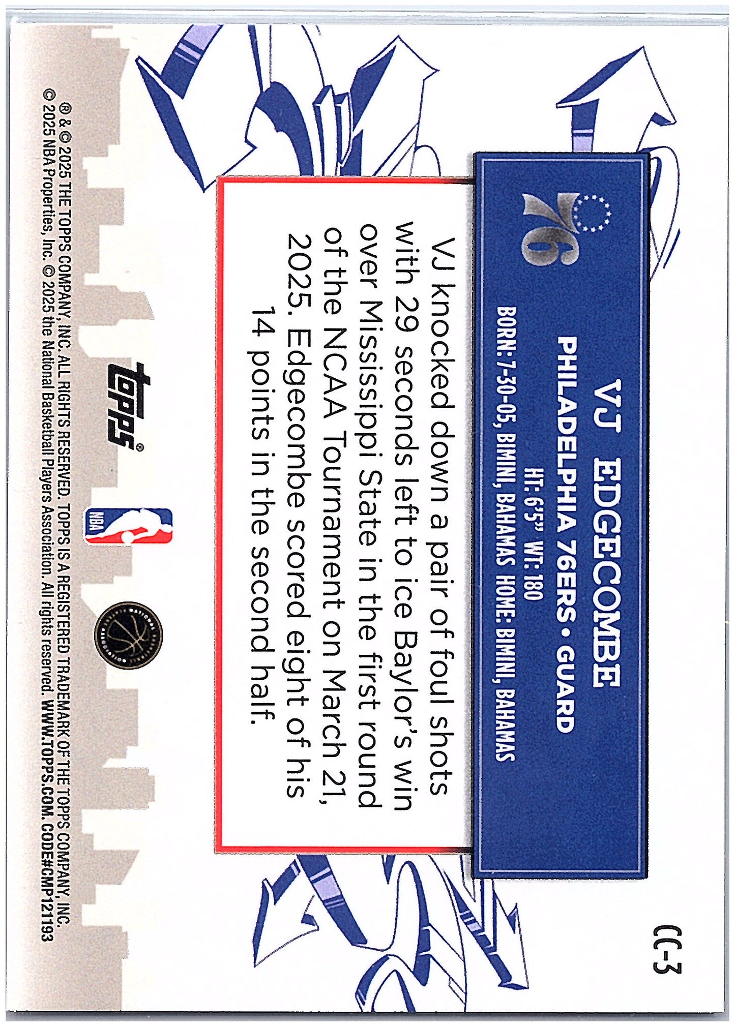 2025-26 Topps #CC-3 VJ Edgecombe Clutch City Prospects Holo Foil