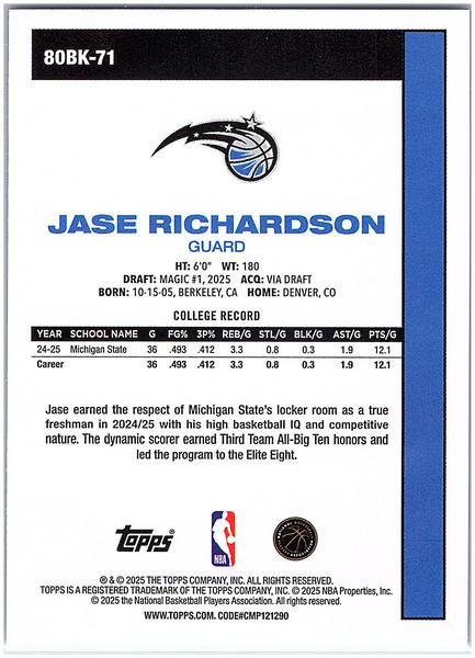 2025-26 Topps #80BK-71 Jase Richardson 1980-81 Topps Basketball