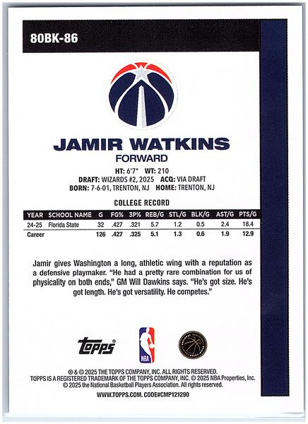 2025-26 Topps #80BK-86 Jamir Watkins 1980-81 Topps Basketball