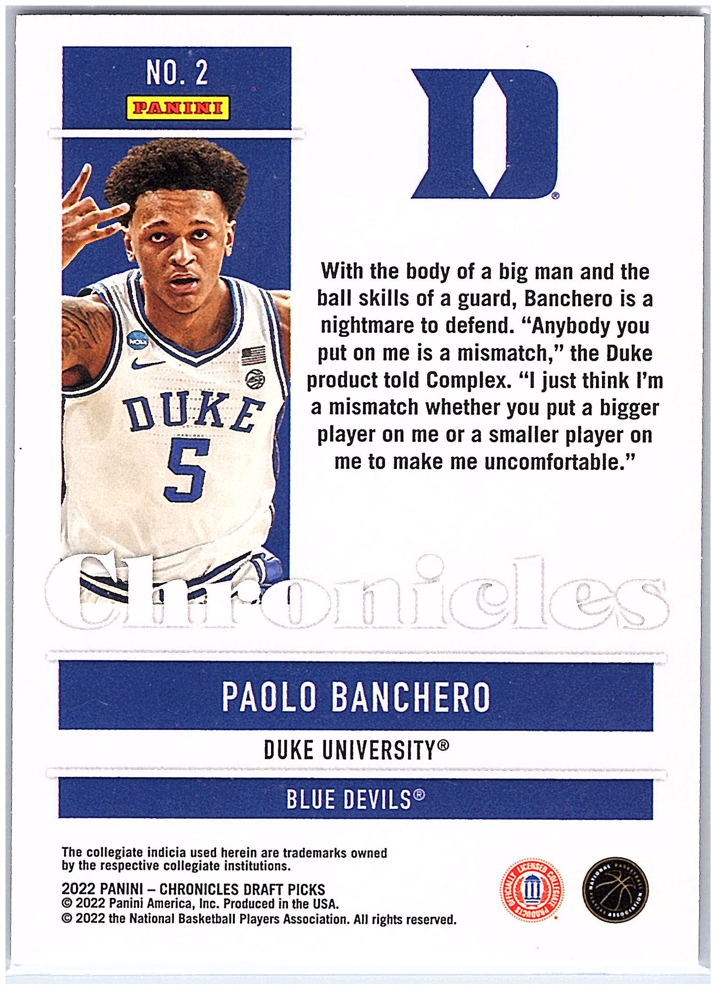 2022 Panini Chronicles Draft Picks #2 Paolo Banchero