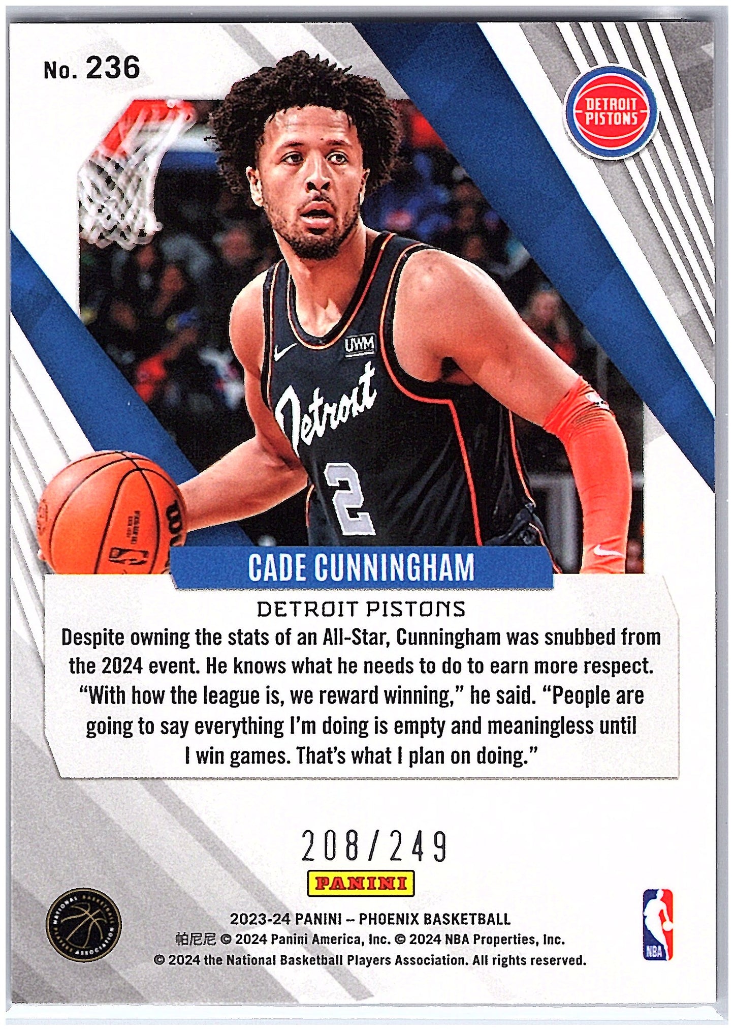 2023-24 Panini Phoenix #236 Cade Cunningham Phoenix Orange Ice #/249