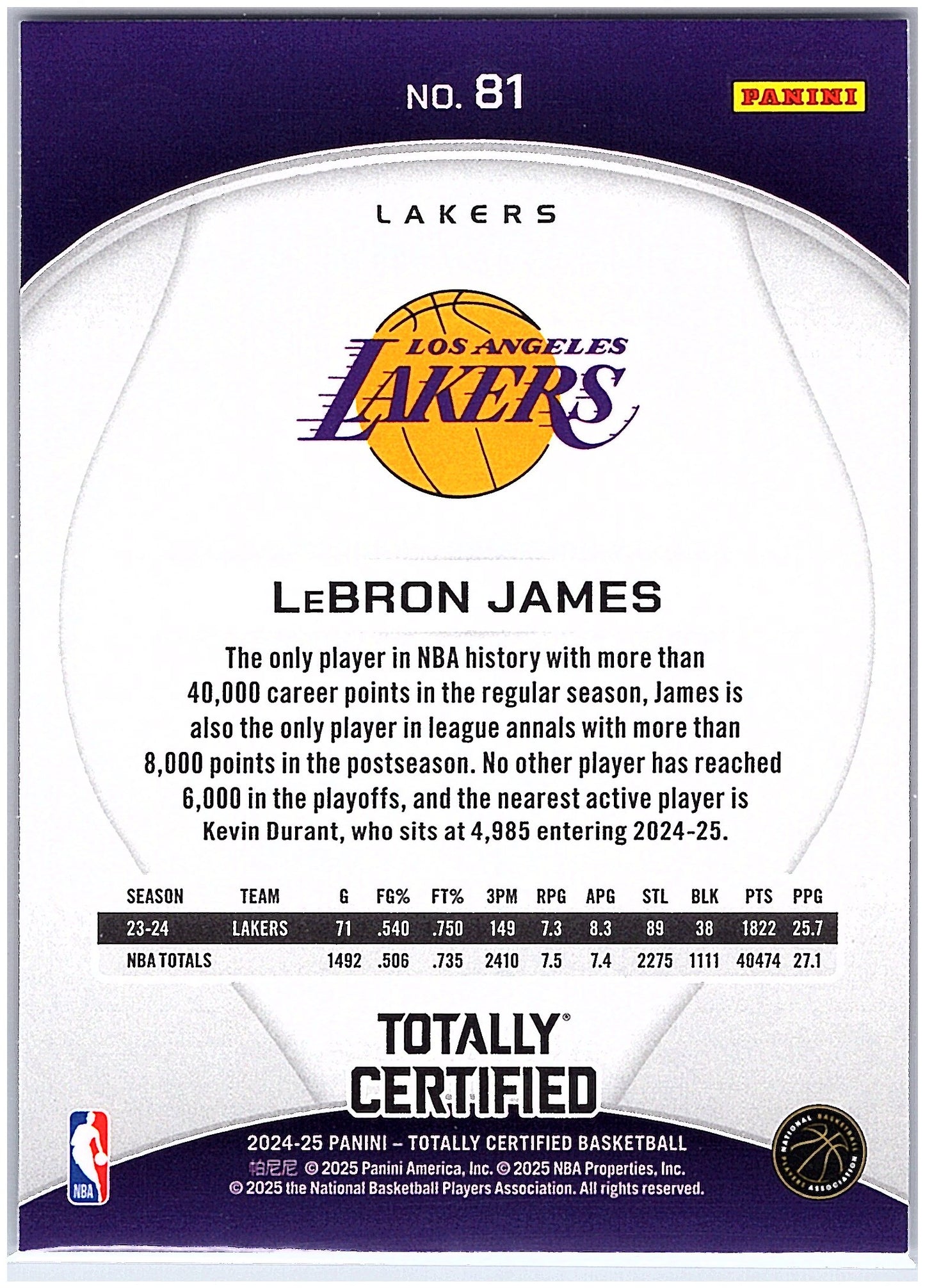 2024-25 Panini Totally Certified #81 LeBron James Mirror Maroon