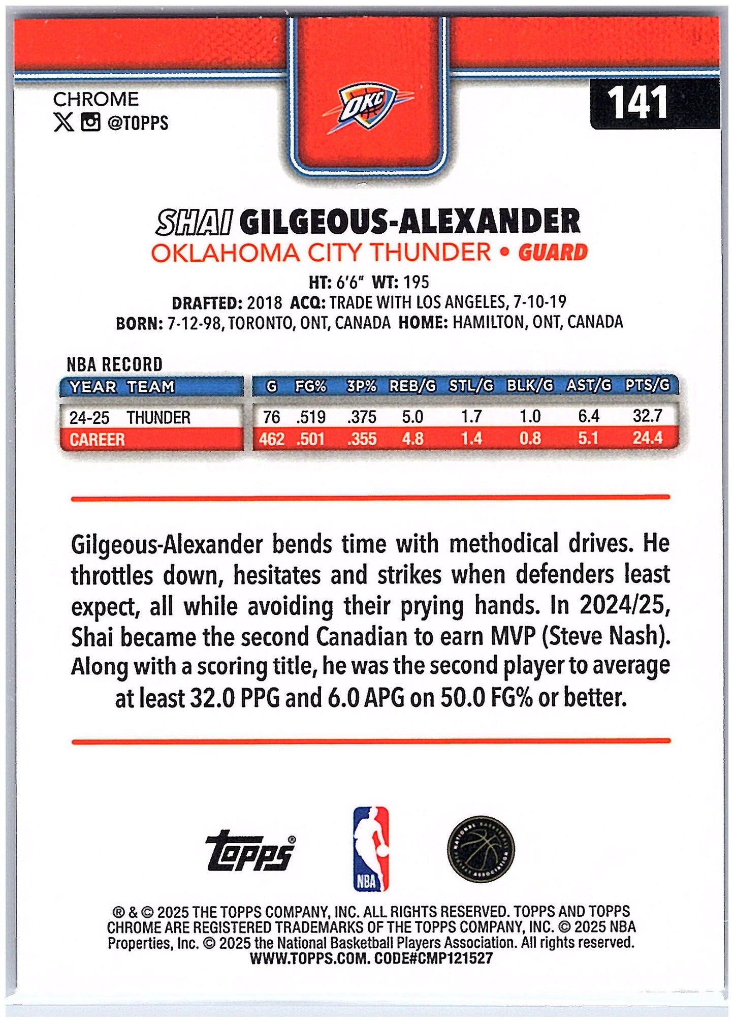 2025-26 Topps Chrome #141 Shai Gilgeous-Alexander X-Fractor