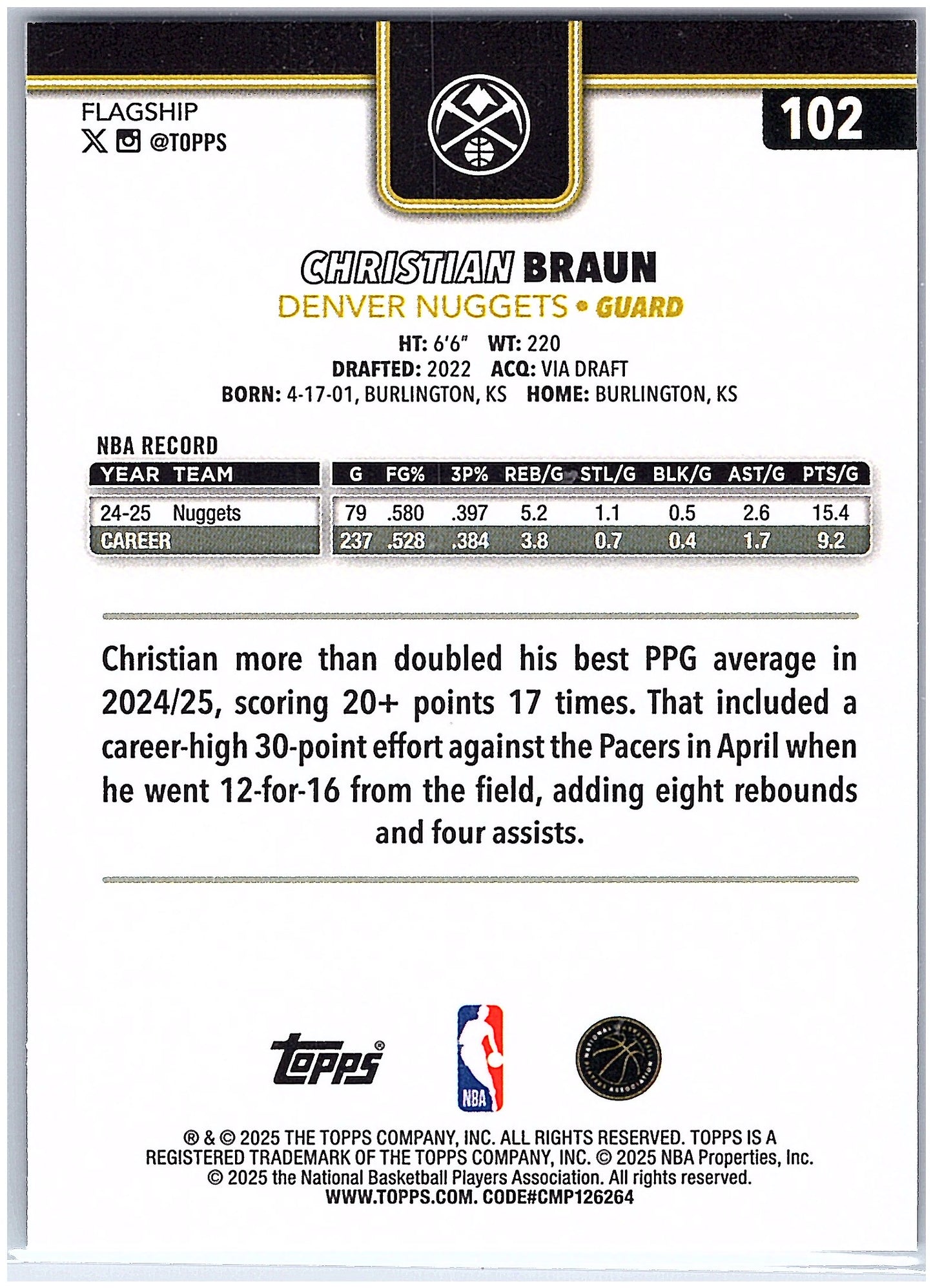 2025-26 Topps #102 Christian Braun Blackout