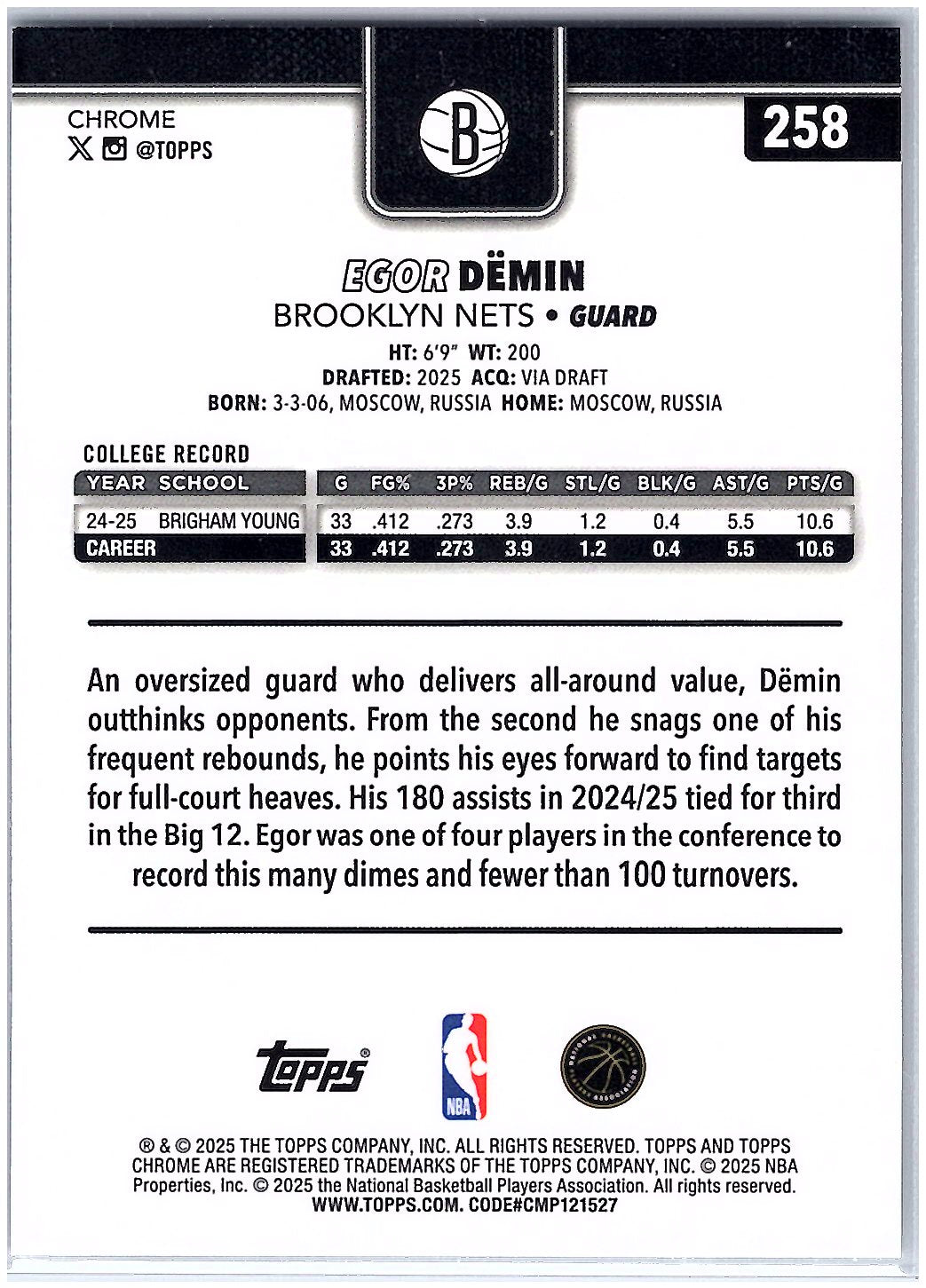 2025-26 Topps Chrome #258 Egor Dëmin