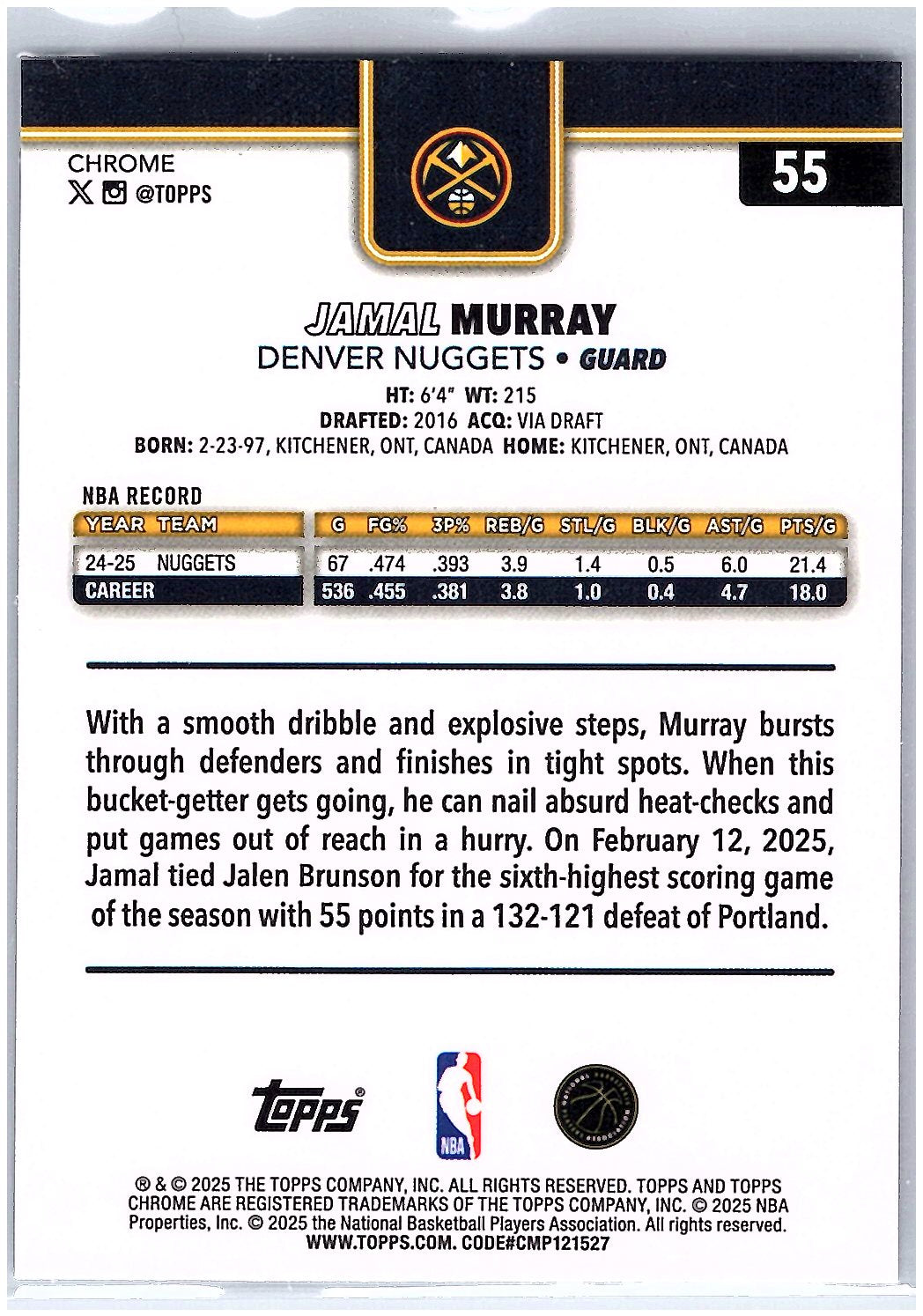 2025-26 Topps Chrome #55 Jamal Murray X-Fractor