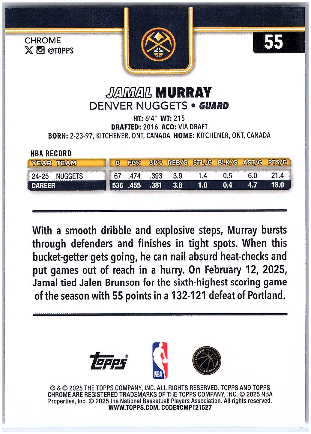 2025-26 Topps Chrome #55 Jamal Murray RayWave Refractor