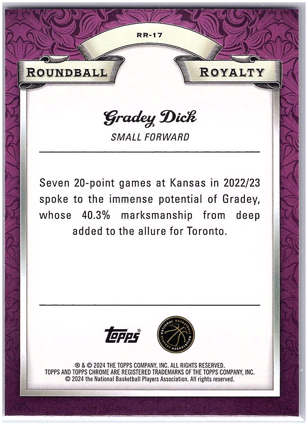 2023-24 Topps Chrome #RR-17 Gradey Dick Roundball Royalty Refractor Pink