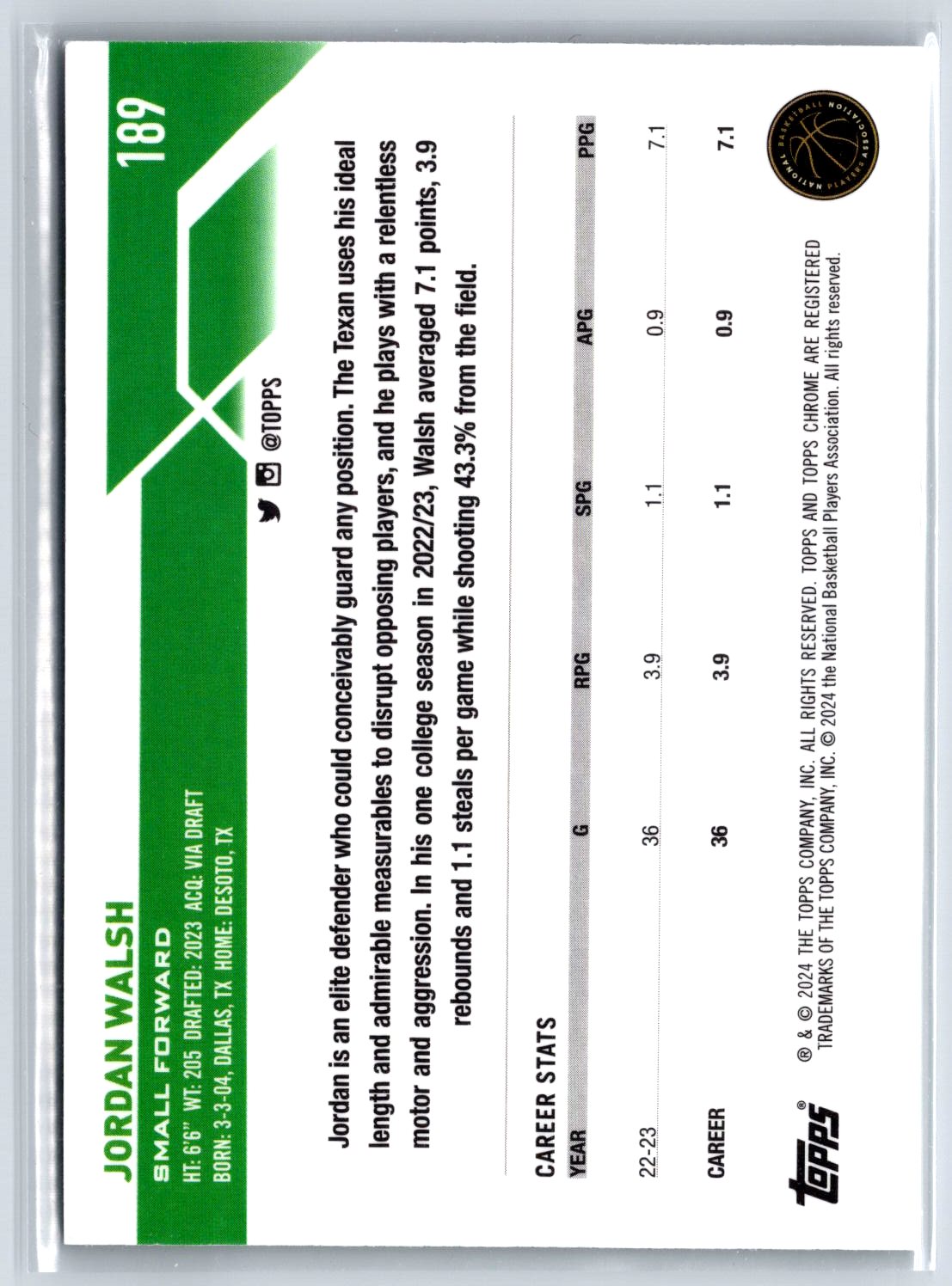 2023-24 Topps Chrome #189 Jordan Walsh Green Logo Refractors