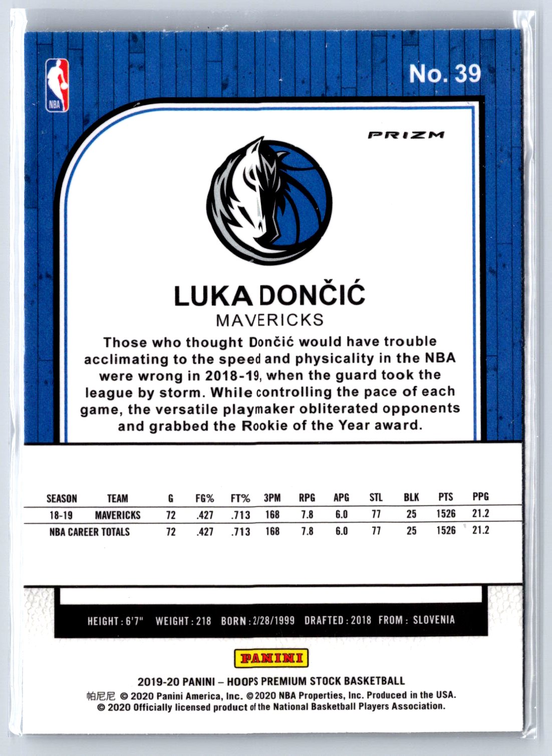 2019-20 Hoops Premium Stock #39 Luka Doncic Prizms Blue Cracked Ice