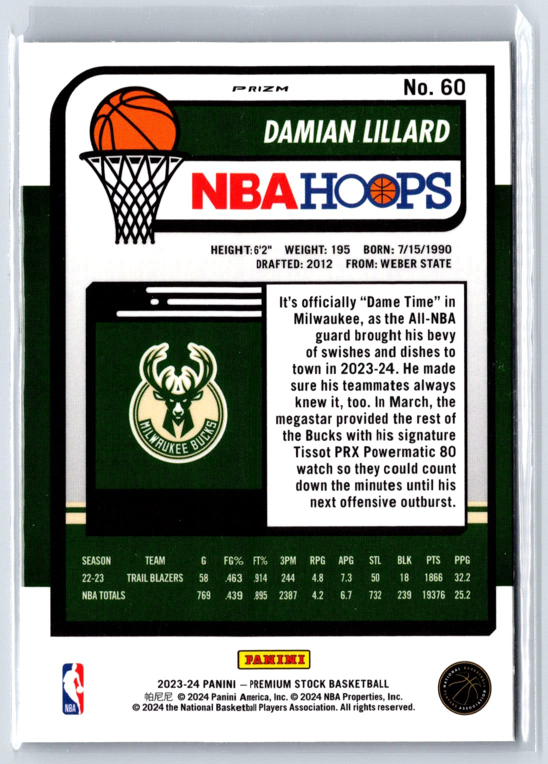 2023-24 Hoops Premium Stock #60 Damian Lillard Seismic Prizm