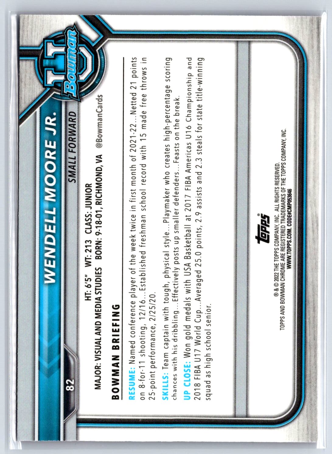 2021-22 Bowman University #82 Wendell Moore Jr. Pink