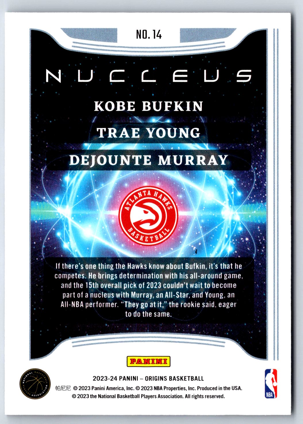 2023-24 Panini Origins #14 Kobe Bufkin / Trae Young / Dejounte Murray Nucleus