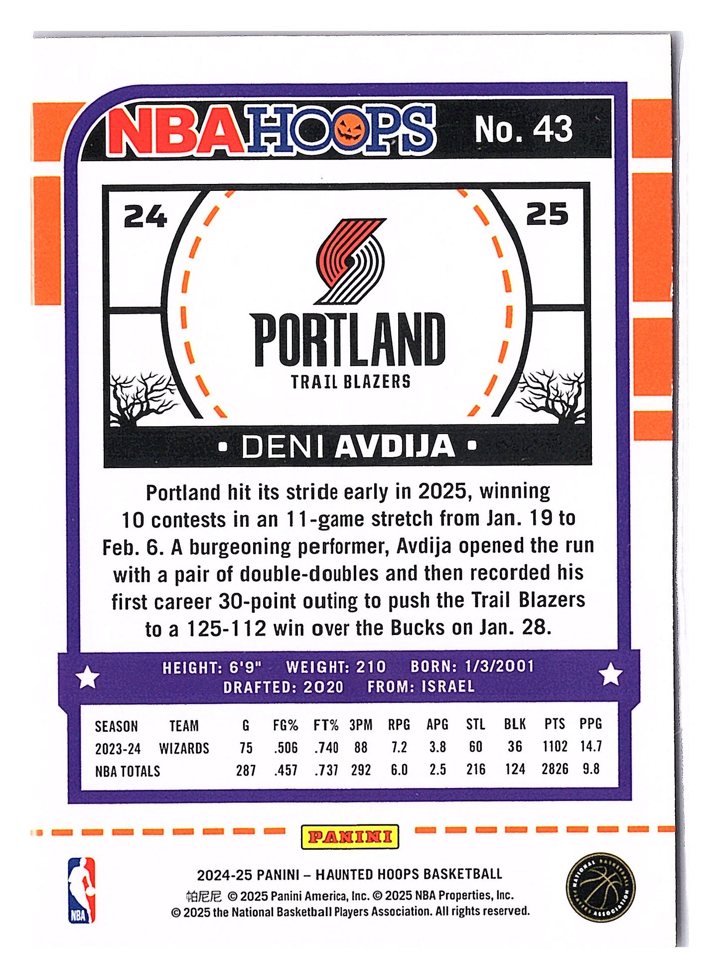 2024-25 Hoops Haunted Hoops #43 Deni Avdija Orange