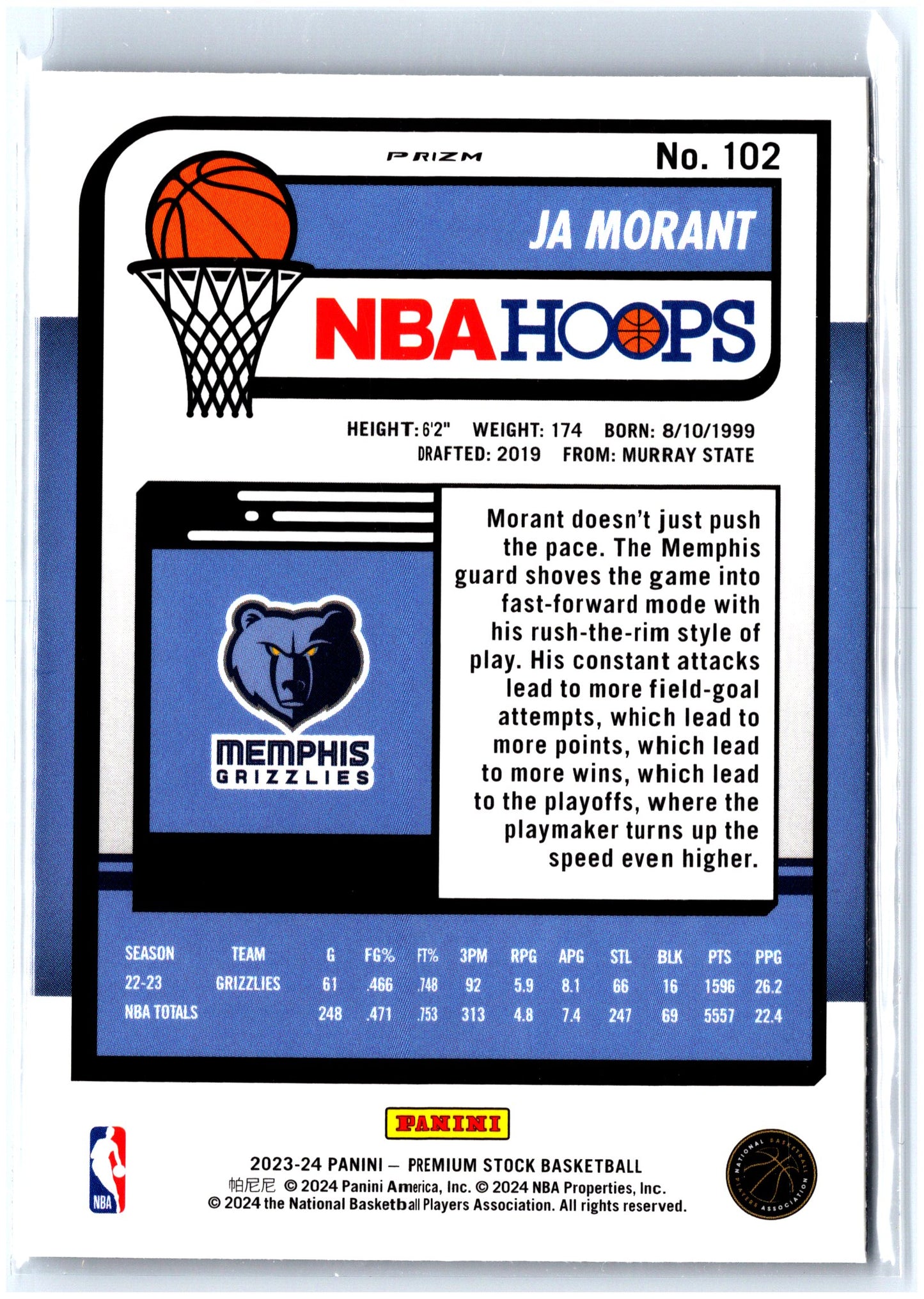 2023-24 Hoops Premium Stock #102 Ja Morant Seismic Prizm