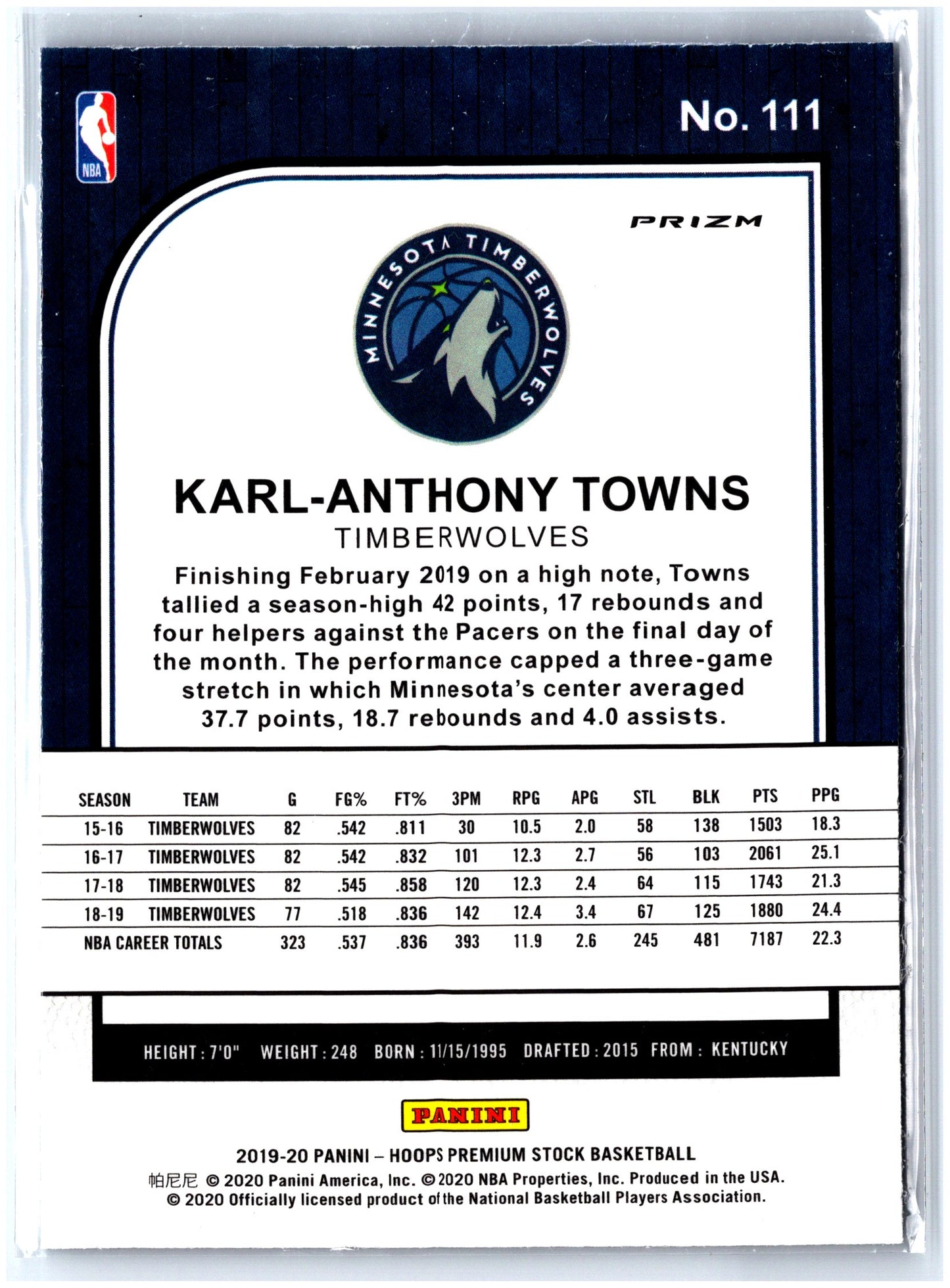 2019-20 Hoops Premium Stock #111 Karl-Anthony Towns Prizms Blue Cracked Ice