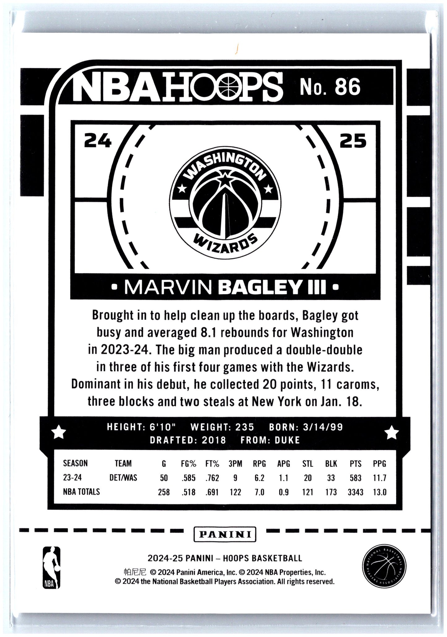 2024-25 Hoops #86 Marvin Bagley III White Explosion #/149