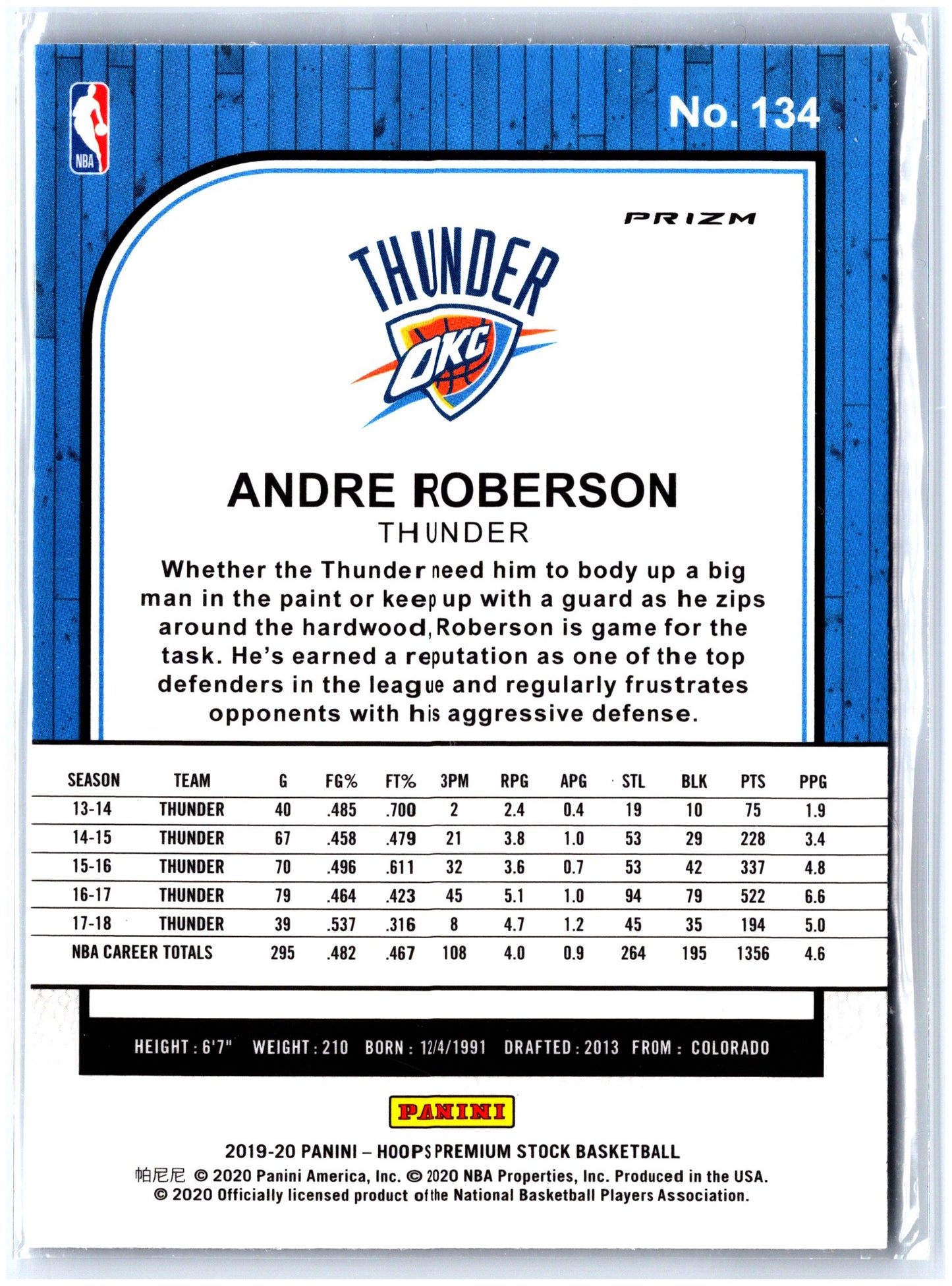 2019-20 Hoops Premium Stock #134 Andre Roberson Prizms Blue Cracked Ice