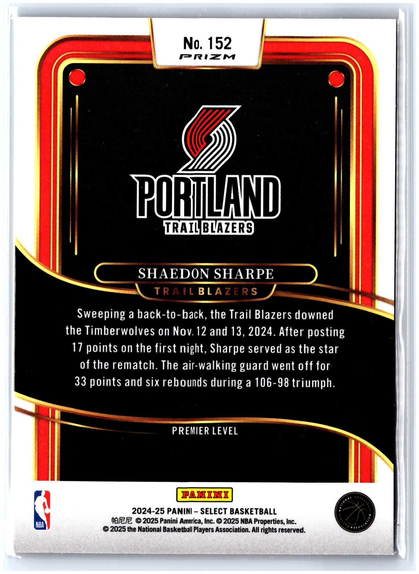 2024-25 Panini Select #152 Shaedon Sharpe Orange Flash Prizm